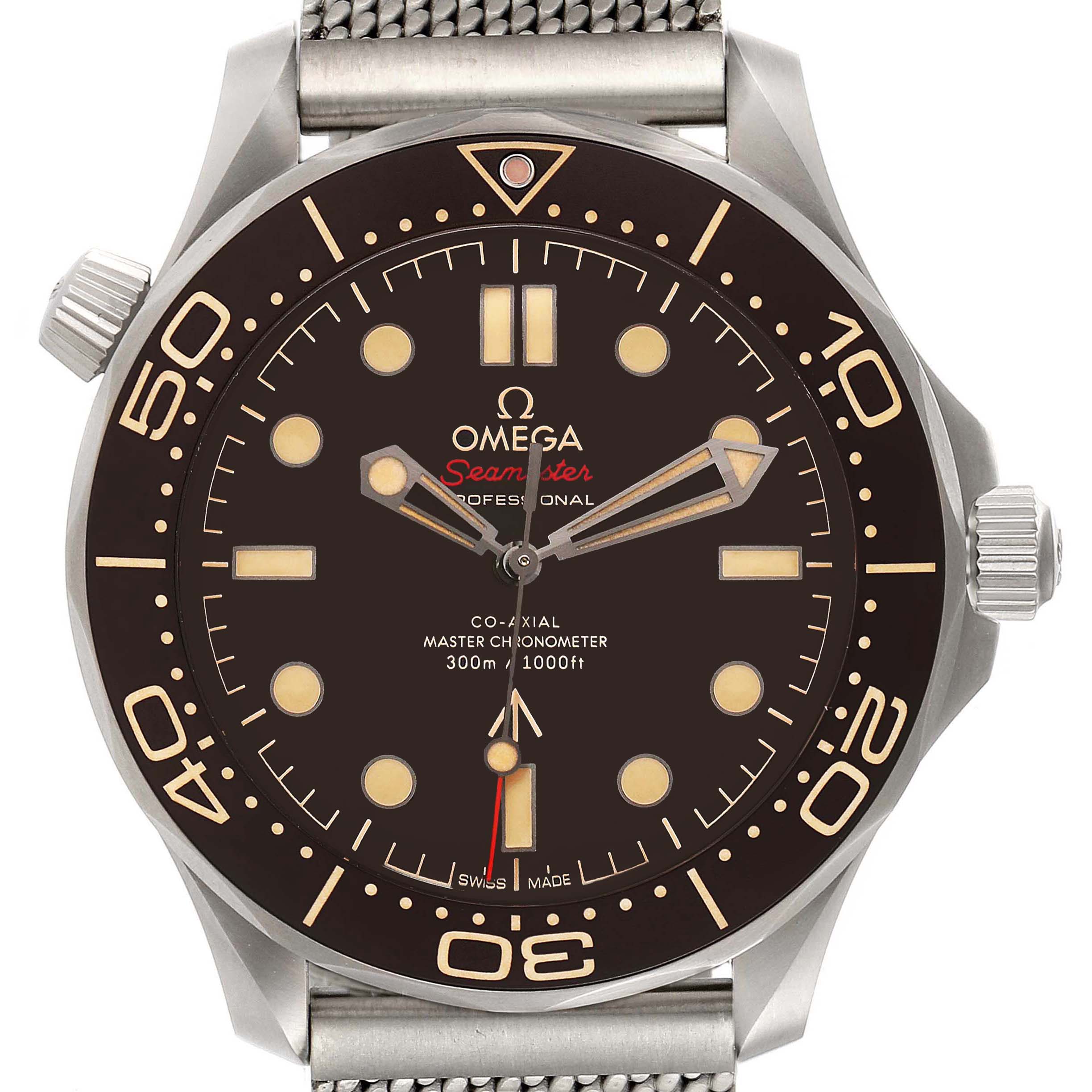 The image shows a front view of the Omega Seamaster 210.90.42.20.01.001 Men's Titanium Brown Dial 210.90.42.20.01.001 Men's Titanium Brown Dial watch’s dial, bezel, and a portion of the metallic strap.