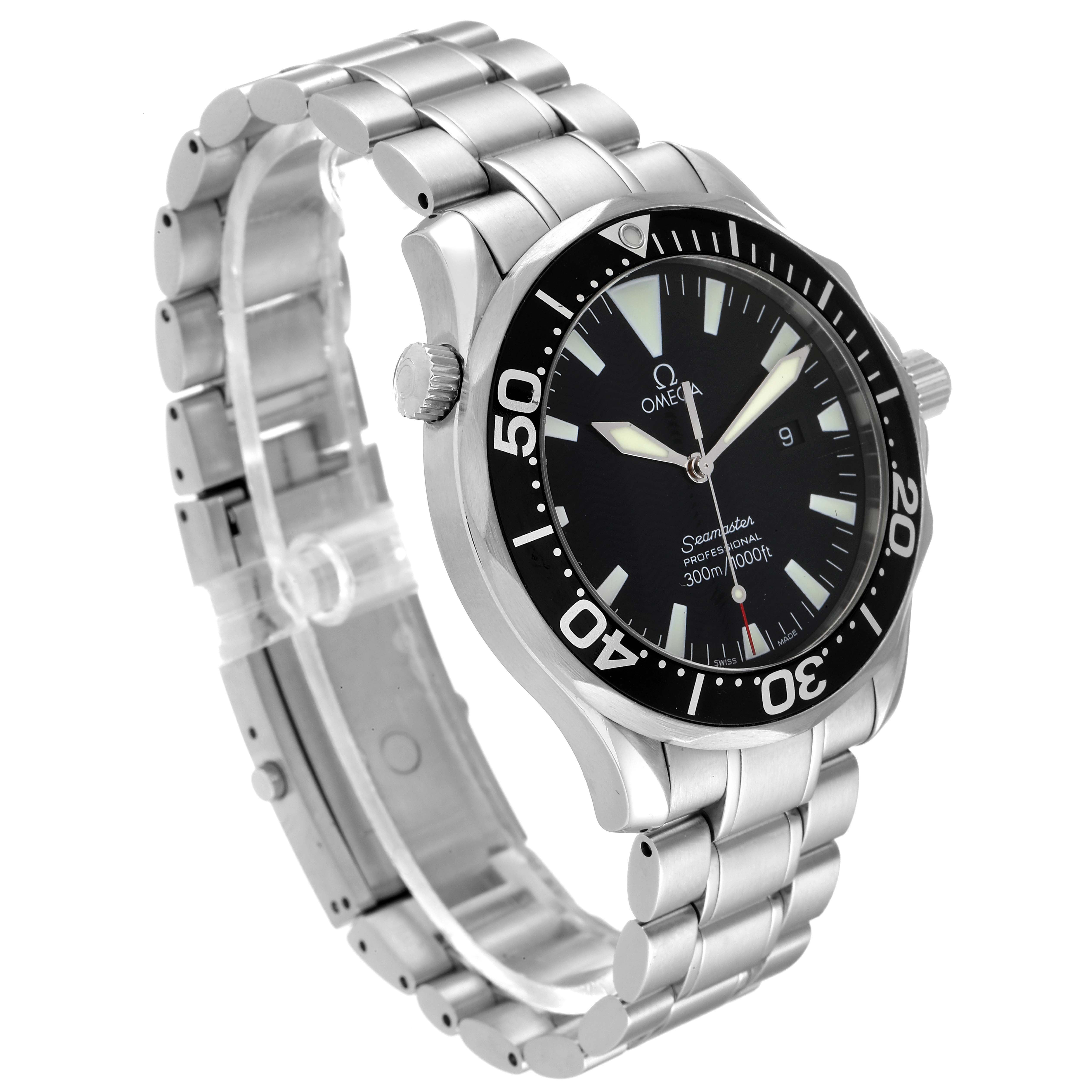 The Omega Seamaster 2264.50.00 Men's Stainless Steel Black Dial 2264.50.00 Men's Stainless Steel Black Dial watch is shown at a three-quarter angle, displaying the face, bezel, crown, and metal bracelet.