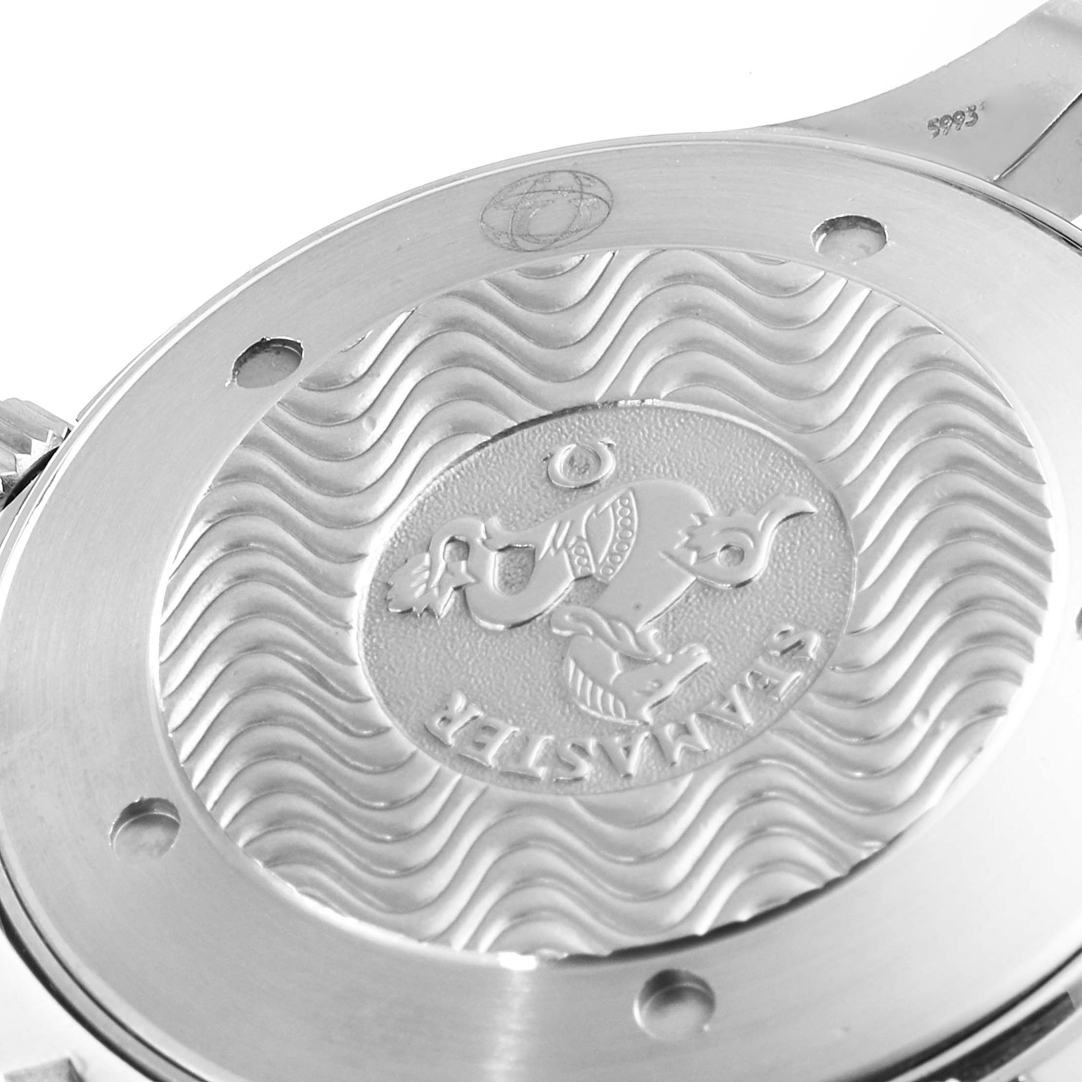 The image shows the back case of the Omega Seamaster 2264.50.00 Men's Stainless Steel Black Dial 2264.50.00 Men's Stainless Steel Black Dial watch featuring its emblem and wavy texture design.