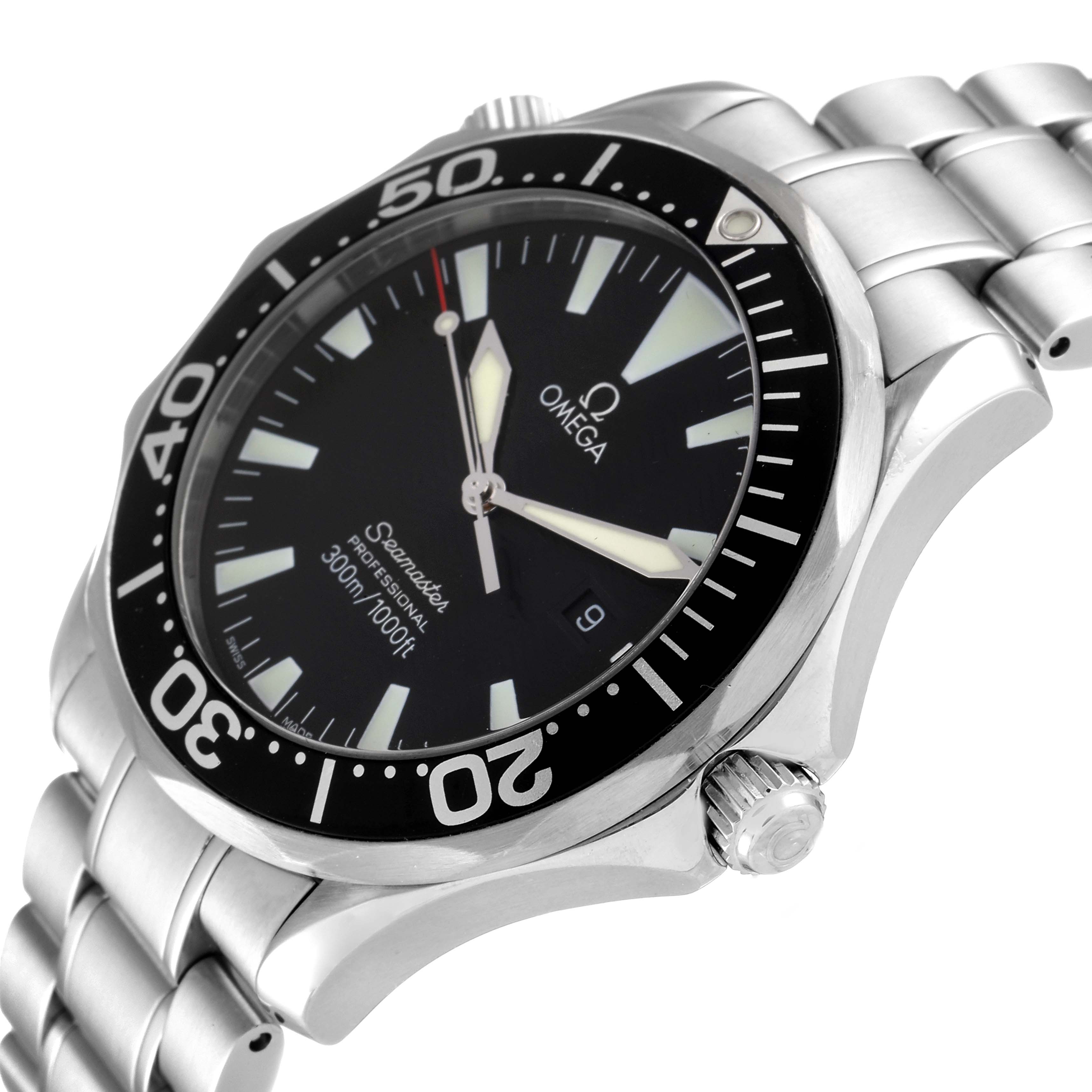 The image shows a close-up angle of the Omega Seamaster 2264.50.00 Men's Stainless Steel Black Dial 2264.50.00 Men's Stainless Steel Black Dial watch, highlighting its dial, bezel, crown, and part of the bracelet.