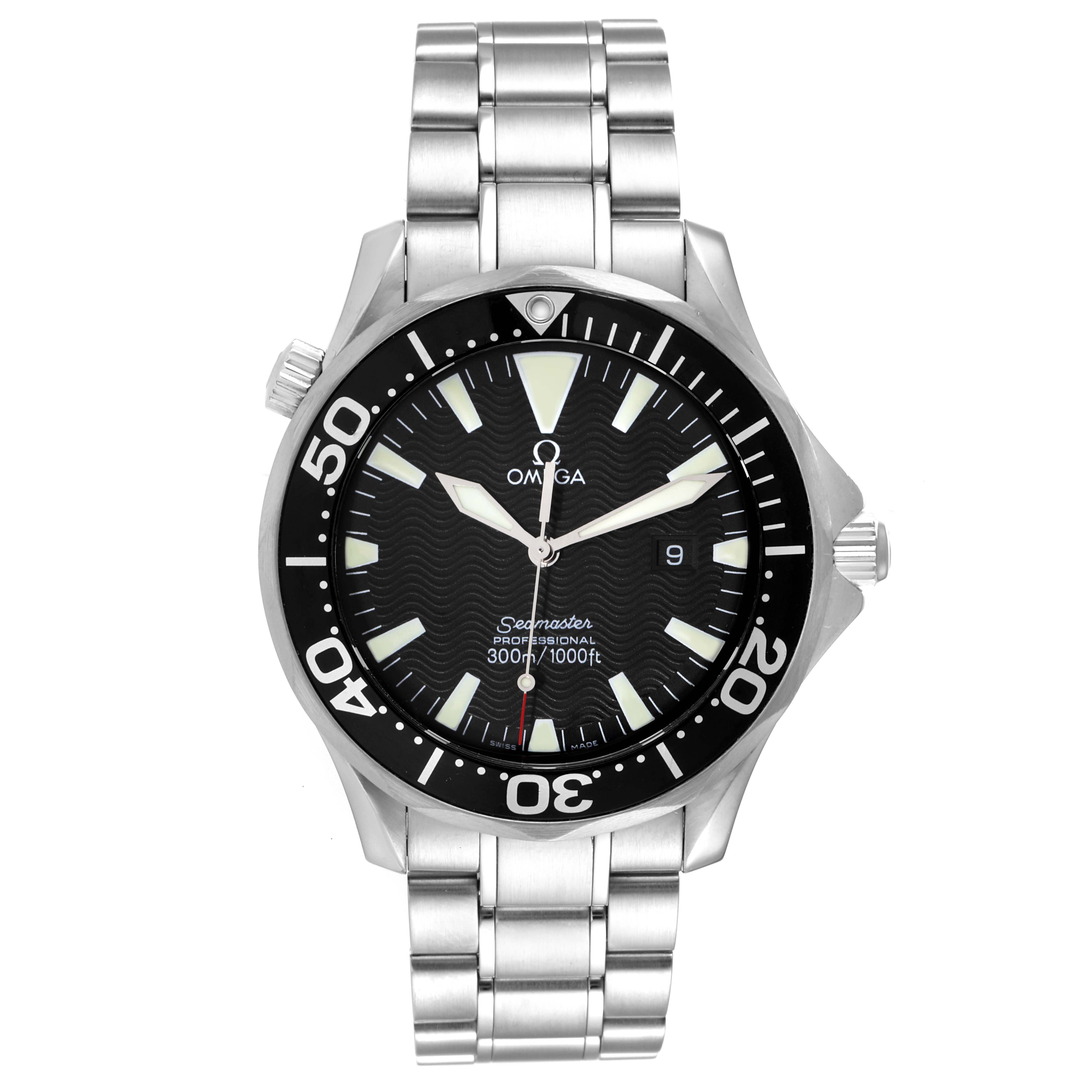 The image shows a front view of the Omega Seamaster 2264.50.00 Men's Stainless Steel Black Dial 2264.50.00 Men's Stainless Steel Black Dial watch, highlighting its dial, bezel, and stainless steel bracelet.