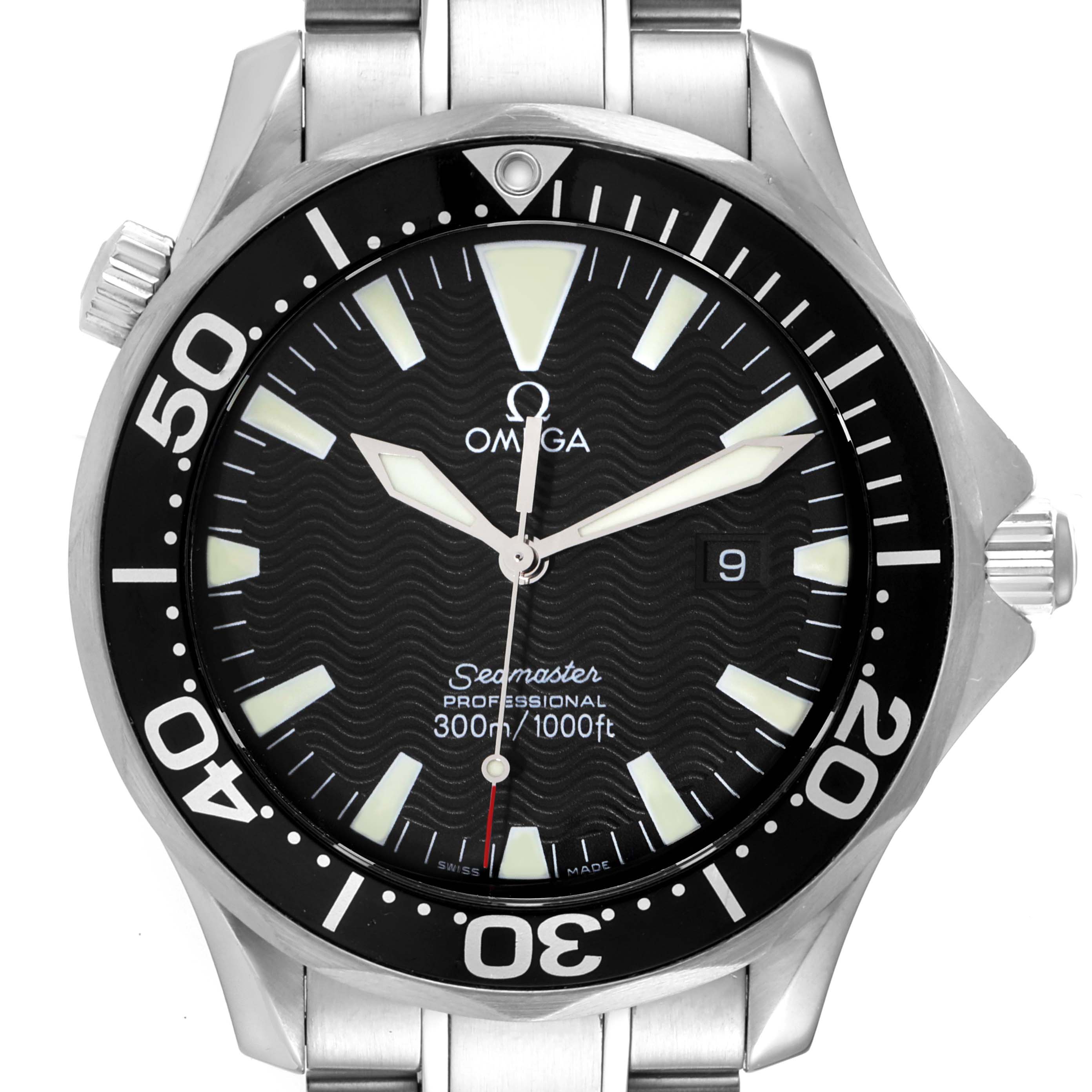 This image shows the front view of the Omega Seamaster 2264.50.00 Men's Stainless Steel Black Dial 2264.50.00 Men's Stainless Steel Black Dial watch, highlighting the dial, bezel, and part of the bracelet.