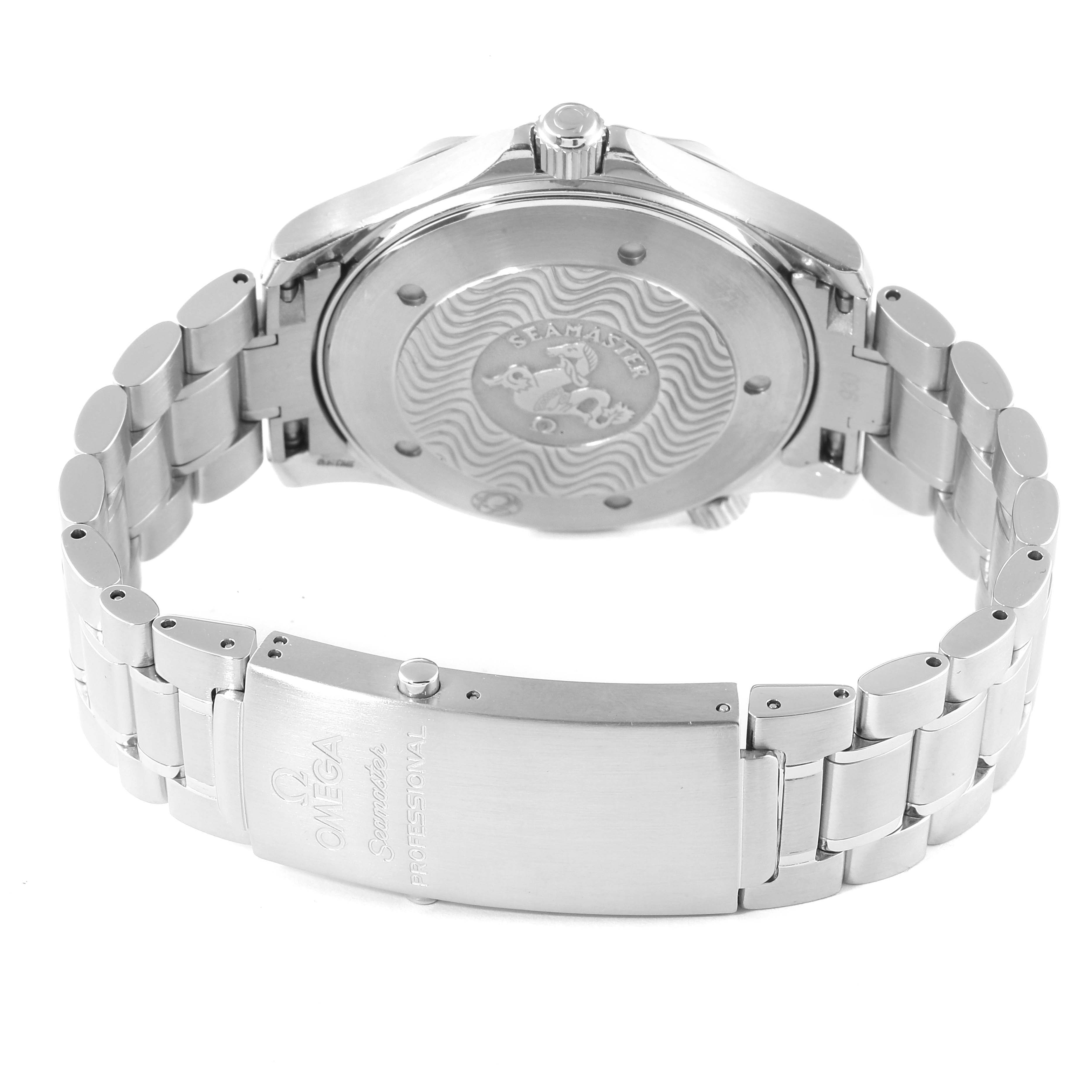 The image shows the back case and the clasp of an Omega Seamaster 2264.50.00 Men's Stainless Steel Black Dial 2264.50.00 Men's Stainless Steel Black Dial watch, highlighting the engraved logo and bracelet details.