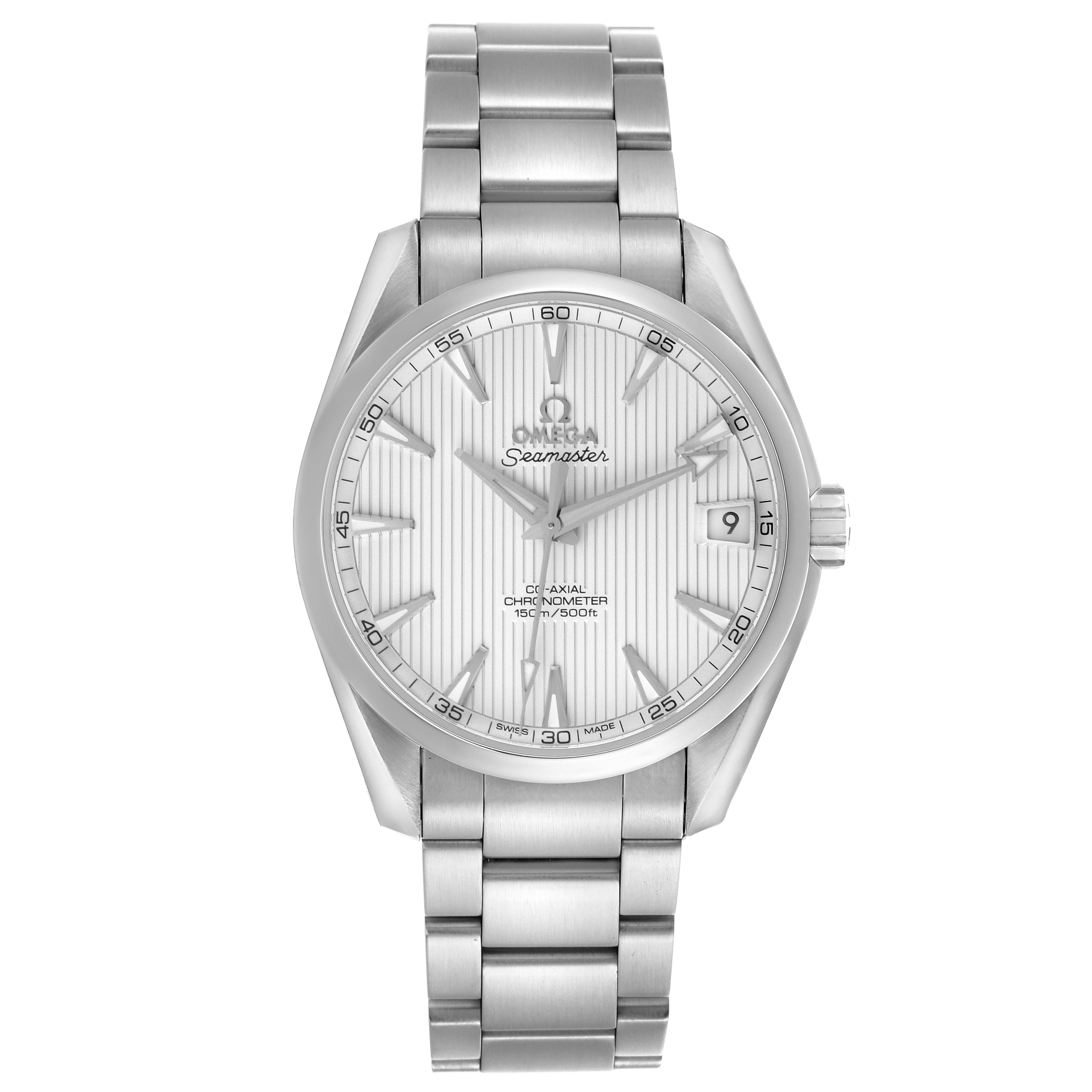 The Omega Aqua Terra 231.10.39.21.02.001 Men's Stainless Steel White Dial 231.10.39.21.02.001 Men's Stainless Steel White Dial watch is shown from the front, displaying the face, hands, bracelet, and date window.