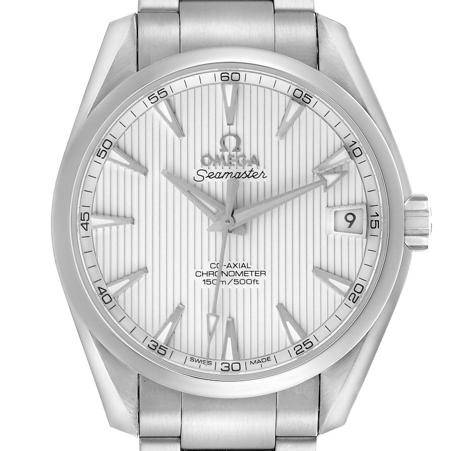 The Omega Aqua Terra watch is shown from a front view, displaying the dial, hands, date window, and part of the bracelet.