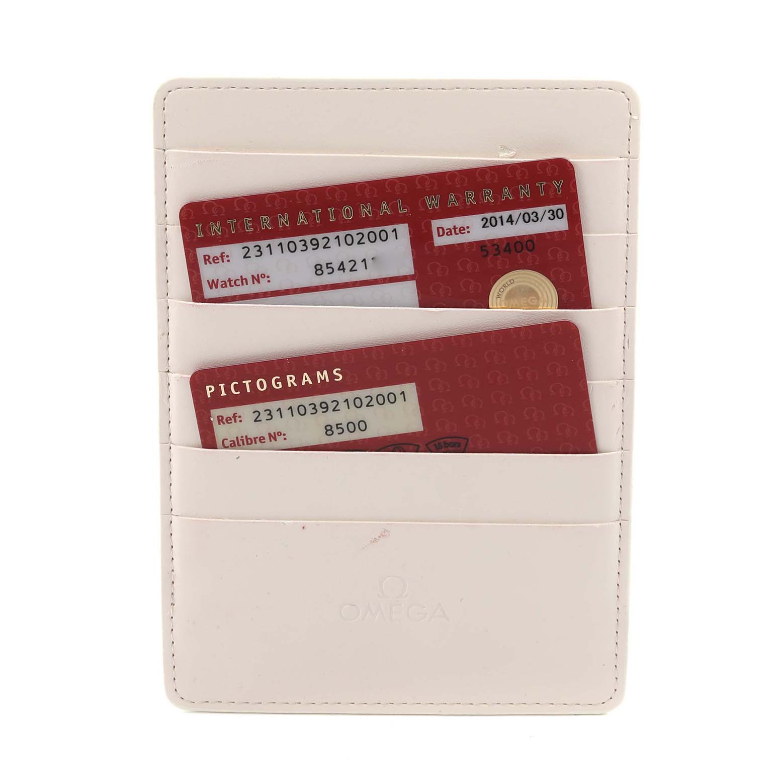 The image shows an Omega Aqua Terra 231.10.39.21.02.001 Men's Stainless Steel White Dial 231.10.39.21.02.001 Men's Stainless Steel White Dial model's warranty cards and pictogram cards in a white cardholder.