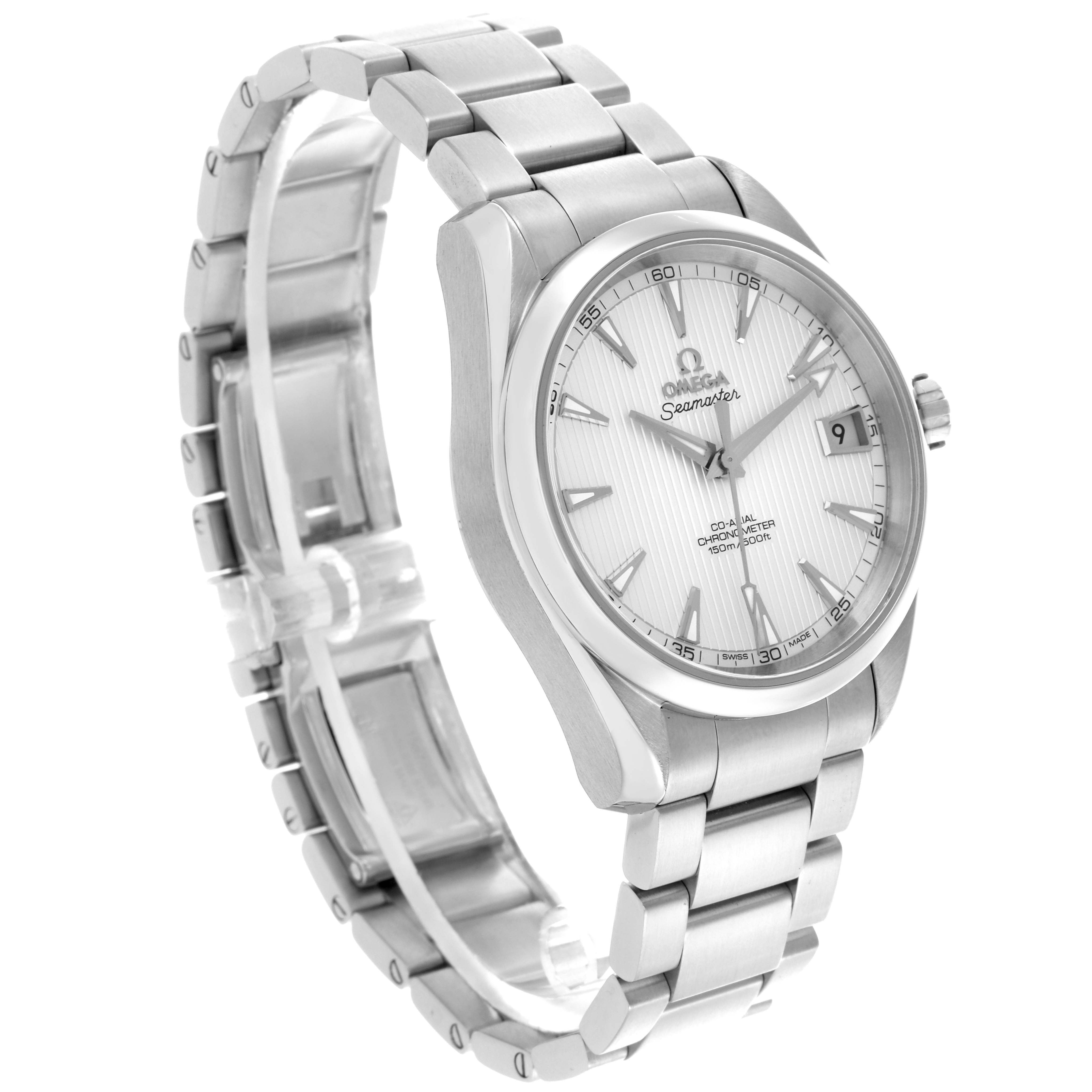 The Omega Aqua Terra 231.10.39.21.02.001 Men's Stainless Steel White Dial 231.10.39.21.02.001 Men's Stainless Steel White Dial watch is shown from a three-quarter angle, highlighting the face, bezel, crown, and bracelet.