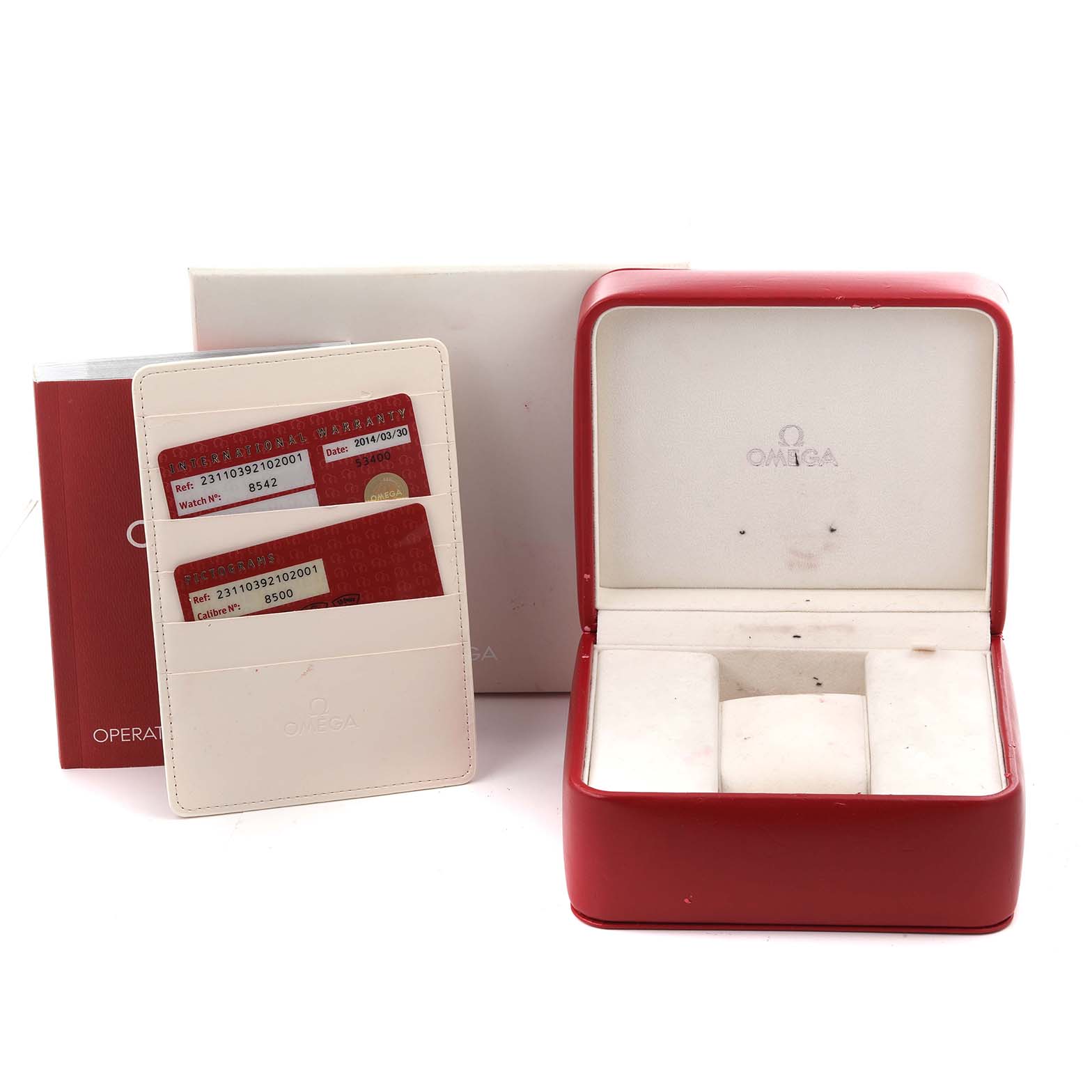 The image shows an Omega Aqua Terra 231.10.39.21.02.001 Men's Stainless Steel White Dial 231.10.39.21.02.001 Men's Stainless Steel White Dial watch box, cards, and booklet from a front angle.