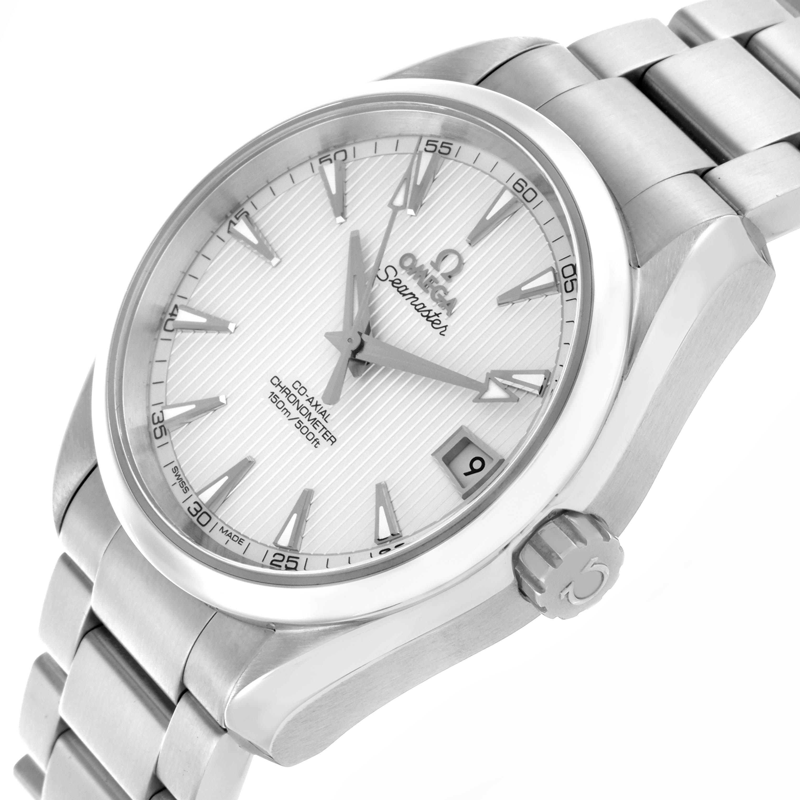 The Omega Aqua Terra 231.10.39.21.02.001 Men's Stainless Steel White Dial 231.10.39.21.02.001 Men's Stainless Steel White Dial watch is shown at an angled close-up, highlighting the face, crown, and part of the bracelet.