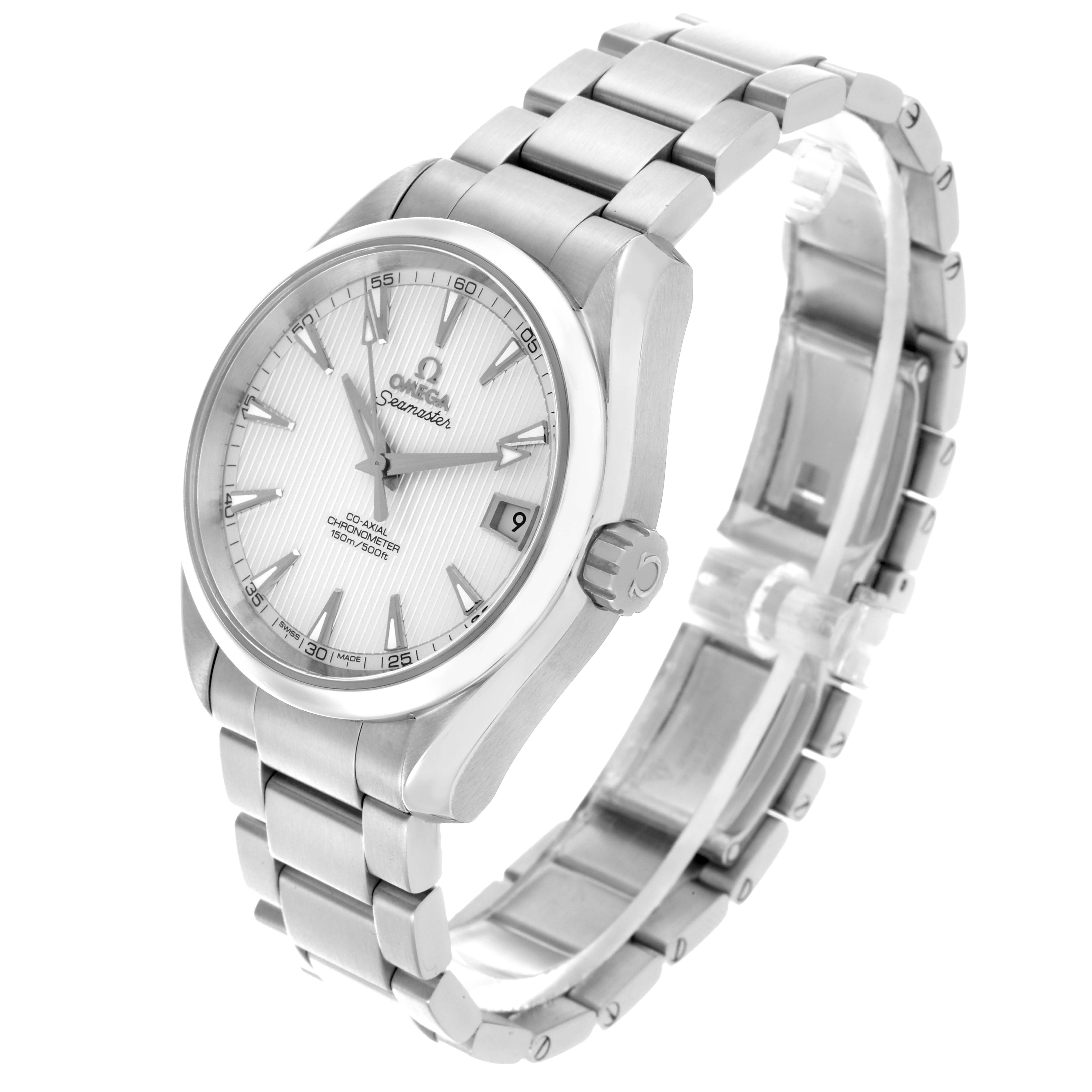 The Omega Aqua Terra 231.10.39.21.02.001 Men's Stainless Steel White Dial 231.10.39.21.02.001 Men's Stainless Steel White Dial watch is shown from a top-side angle, highlighting the dial, bracelet, crown, and bezel.