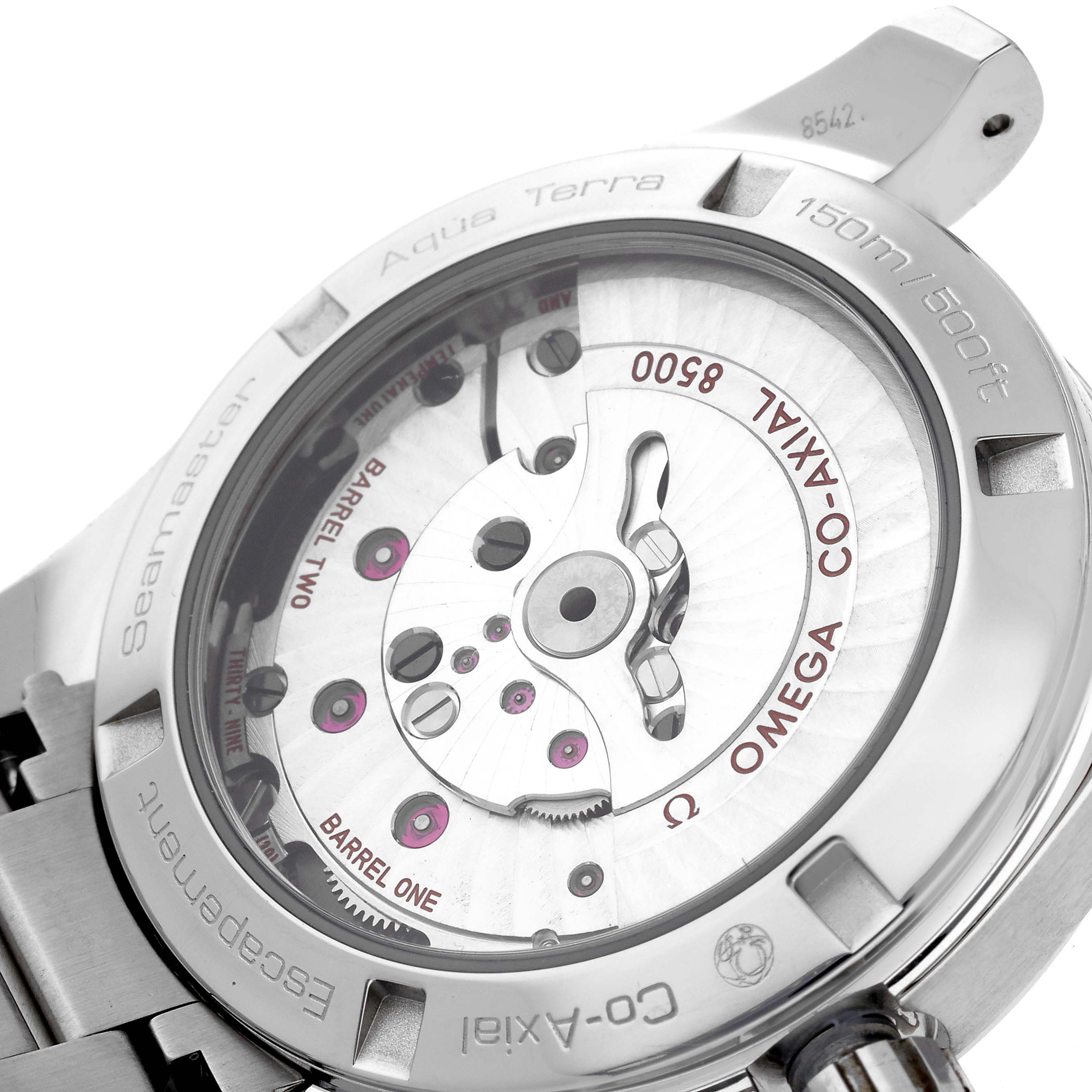 The Omega Aqua Terra 231.10.39.21.02.001 Men's Stainless Steel White Dial 231.10.39.21.02.001 Men's Stainless Steel White Dial watch is shown from the back, displaying its movement and case details.