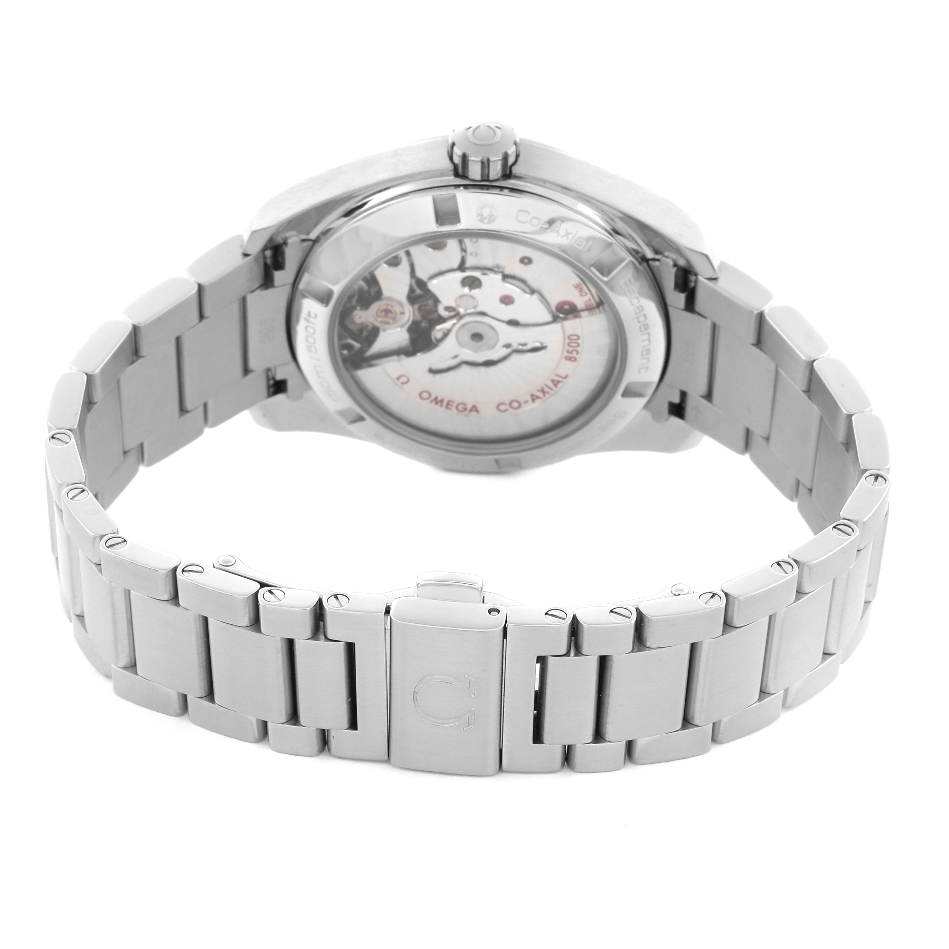 The Omega Aqua Terra 231.10.39.21.02.001 Men's Stainless Steel White Dial 231.10.39.21.02.001 Men's Stainless Steel White Dial watch is shown from the back angle, highlighting the movement and metal bracelet.