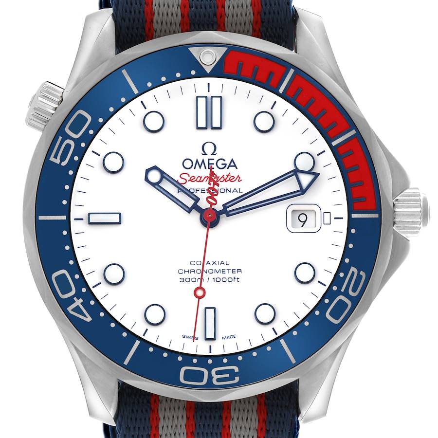 The image shows a front view of the Omega Seamaster watch, highlighting the dial, bezel, crown, and strap.