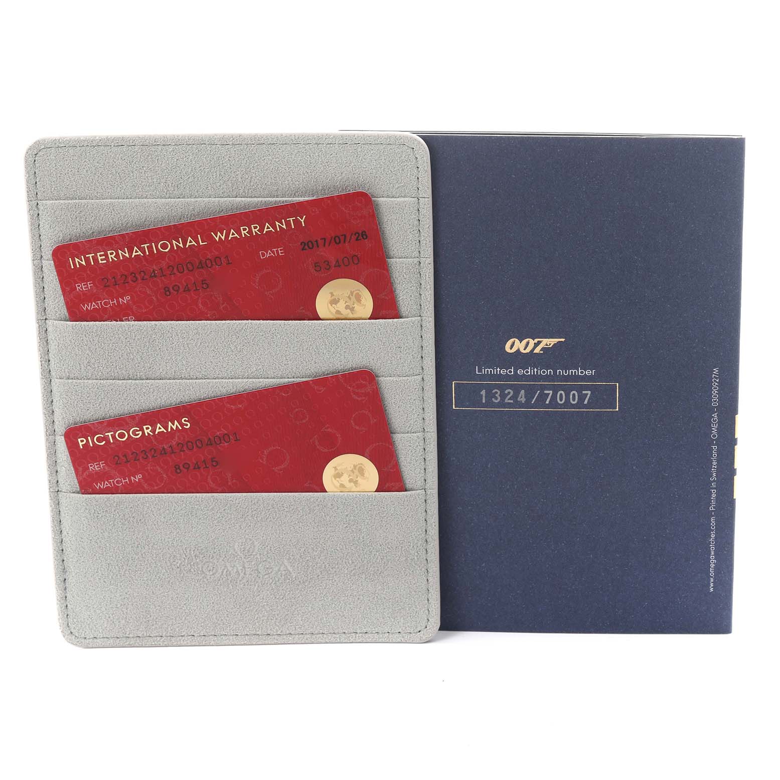 The image shows the warranty and pictogram cards in a folder for the Omega Seamaster 212.32.41.20.04.001 Men's Stainless Steel White Dial 212.32.41.20.04.001 Men's Stainless Steel White Dial, alongside limited edition packaging.