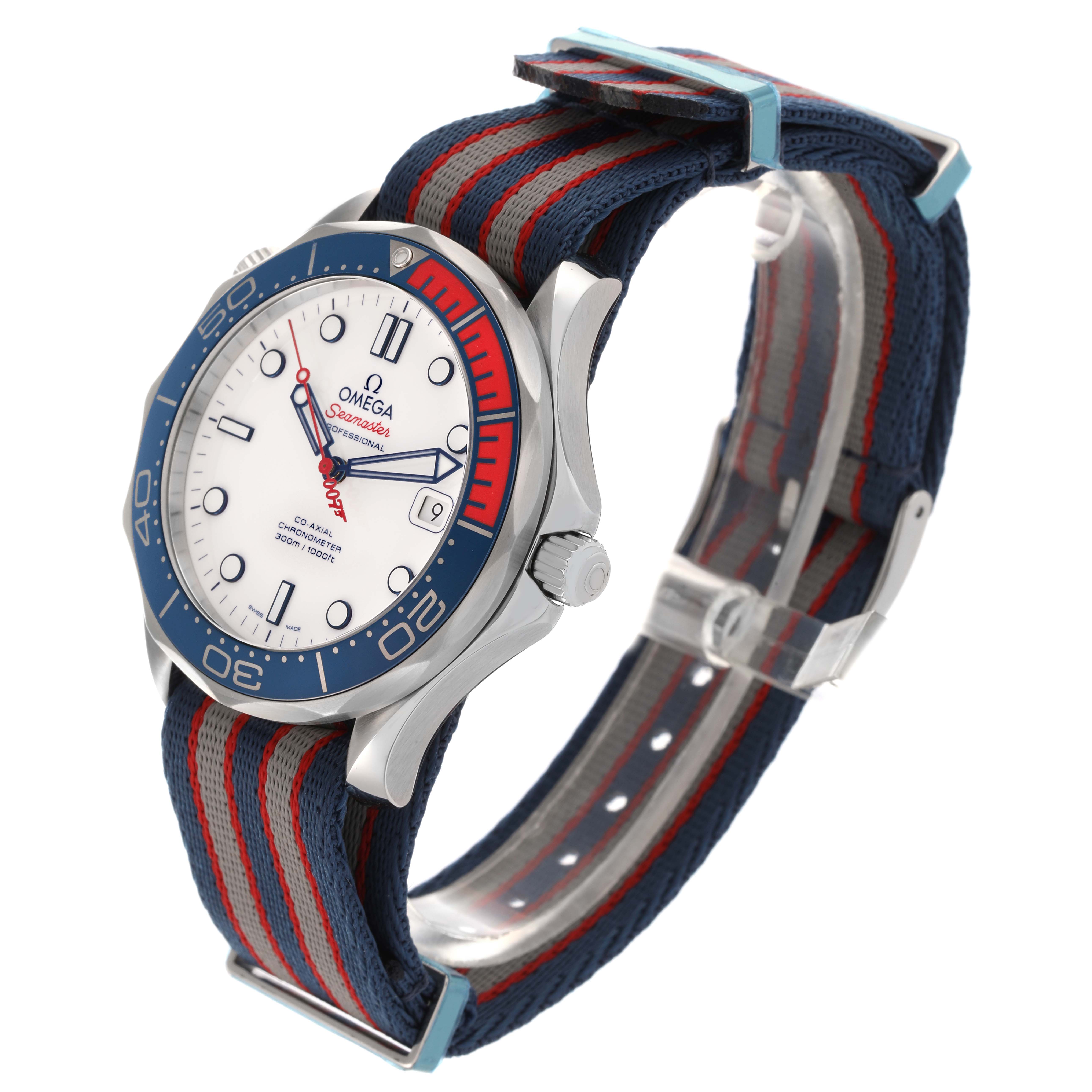 The Omega Seamaster 212.32.41.20.04.001 Men's Stainless Steel White Dial 212.32.41.20.04.001 Men's Stainless Steel White Dial watch is shown at a three-quarter angle, highlighting the face, bezel, case, and NATO strap.