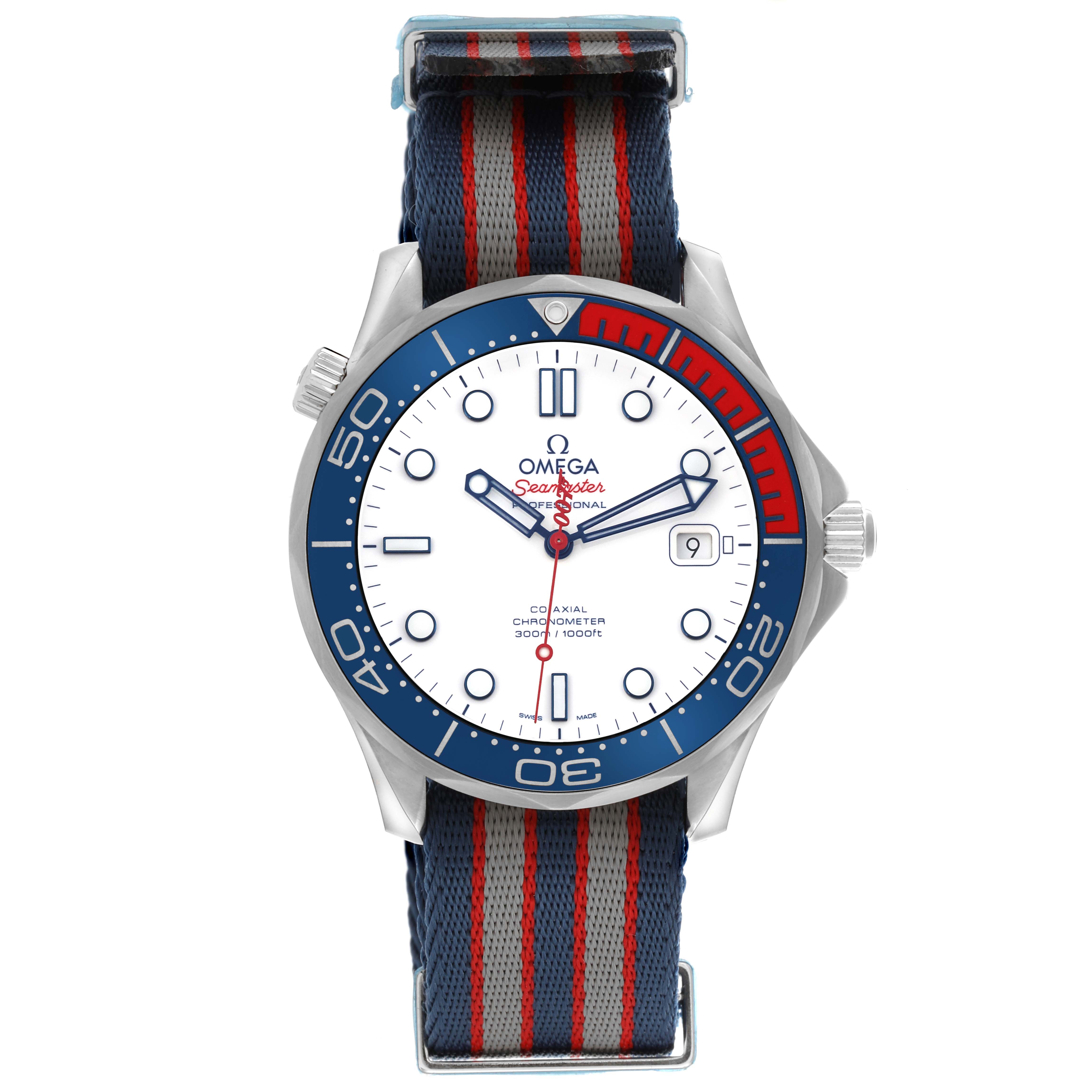 The Omega Seamaster 212.32.41.20.04.001 Men's Stainless Steel White Dial 212.32.41.20.04.001 Men's Stainless Steel White Dial is shown from the front, displaying the dial, bezel, and strap clearly.