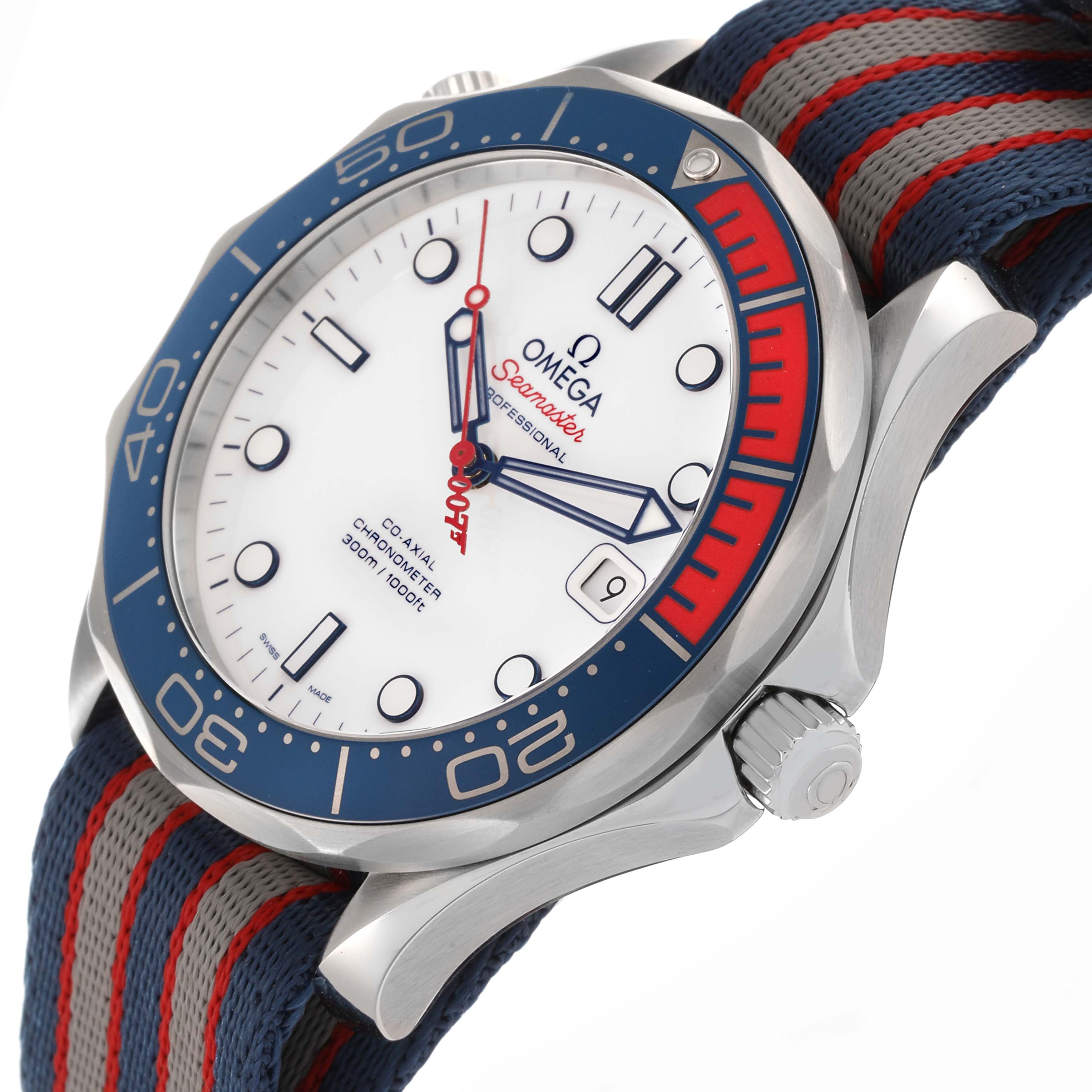 The Omega Seamaster 212.32.41.20.04.001 Men's Stainless Steel White Dial 212.32.41.20.04.001 Men's Stainless Steel White Dial watch is shown from a tilted side angle, highlighting the bezel, crown, dial, and striped NATO strap.