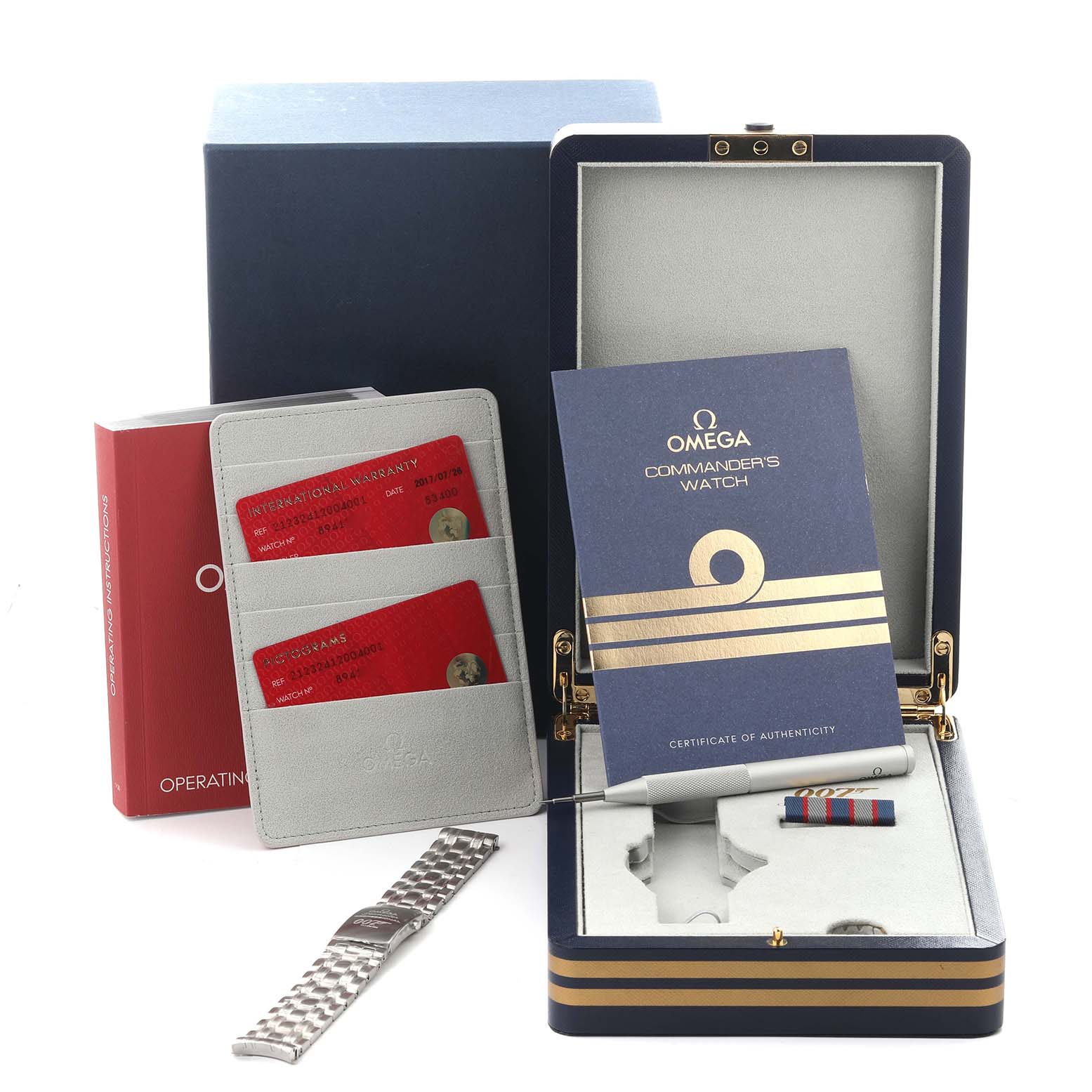 The image shows an Omega Seamaster 212.32.41.20.04.001 Men's Stainless Steel White Dial 212.32.41.20.04.001 Men's Stainless Steel White Dial watch box, extra bracelet, cards, and booklets from a front angle.