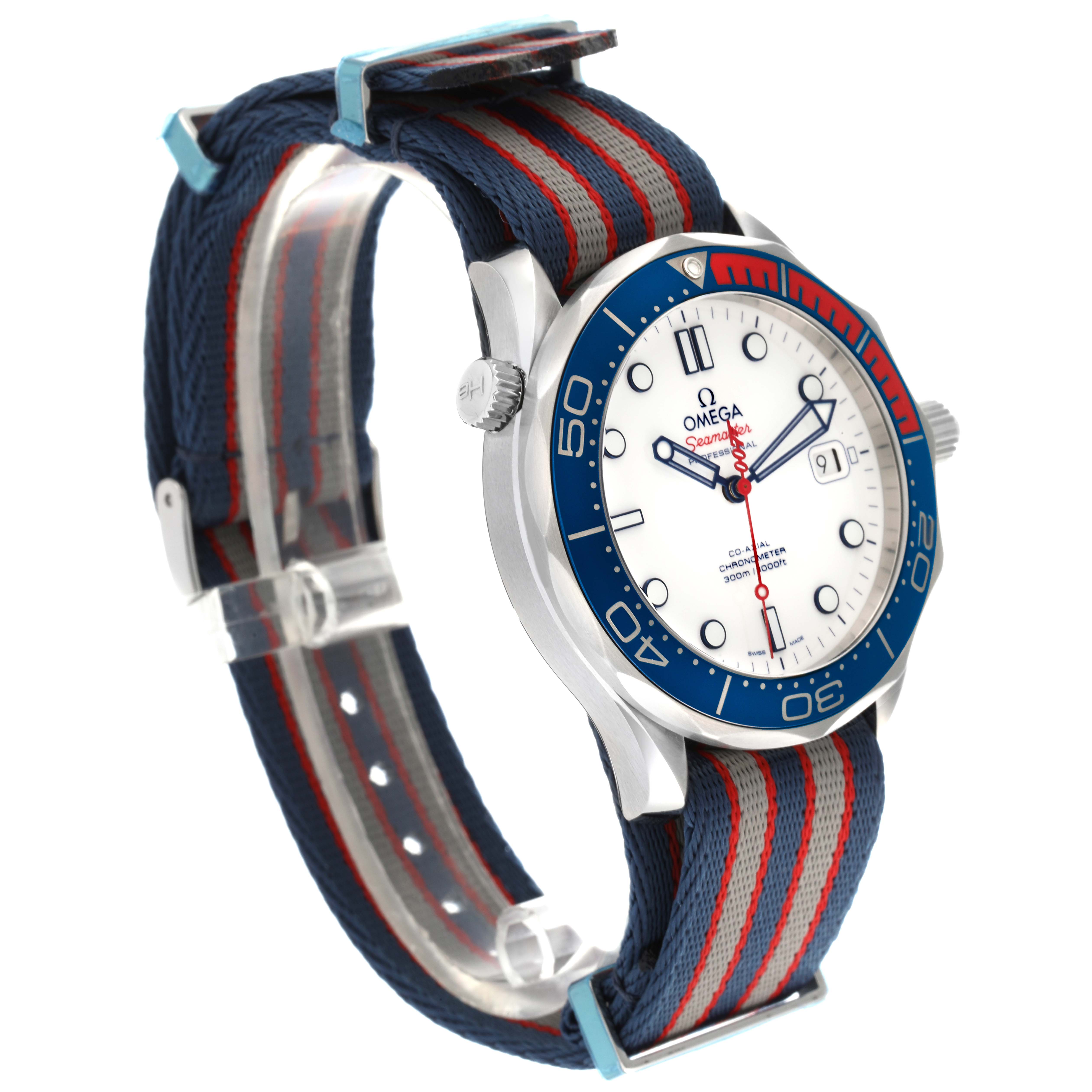 The Omega Seamaster 212.32.41.20.04.001 Men's Stainless Steel White Dial 212.32.41.20.04.001 Men's Stainless Steel White Dial watch is shown at a three-quarter angle, highlighting the face, bezel, and NATO strap.