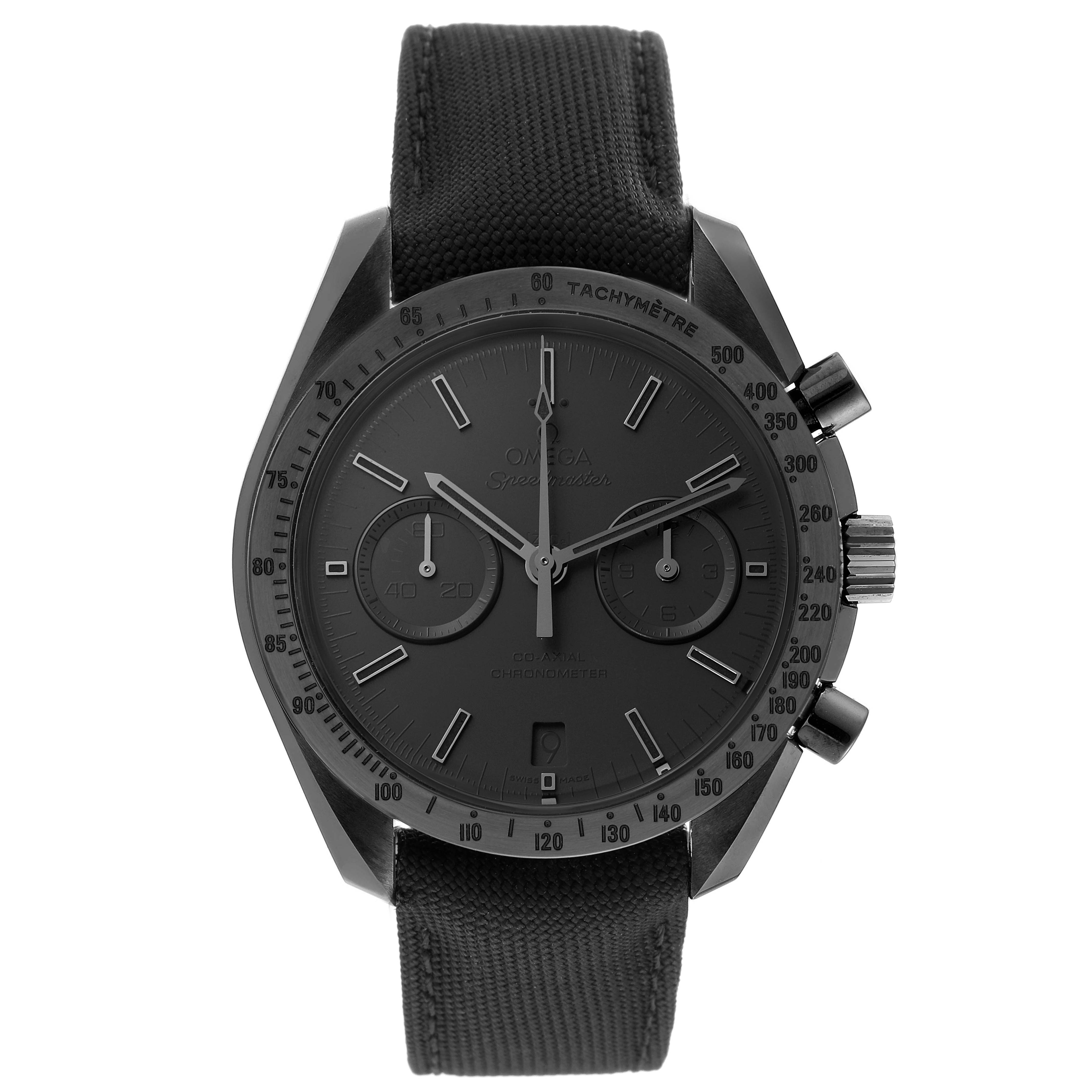 The image shows a front view of an Omega Speedmaster 311.92.44.51.01.005 Men's Ceramic Black Dial 311.92.44.51.01.005 Men's Ceramic Black Dial watch, showcasing its dial, tachymeter bezel, and pushers.