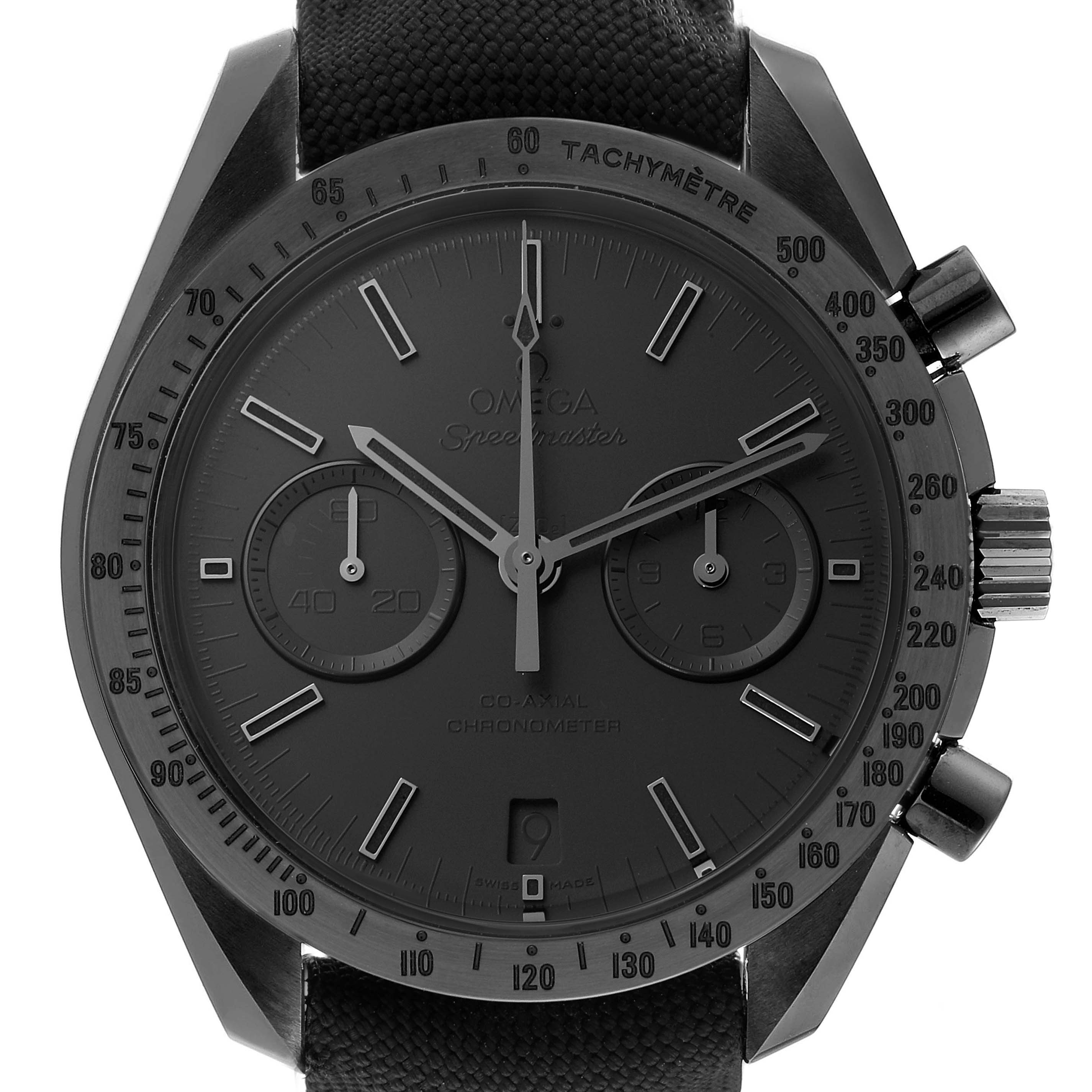The image shows a front view of the Omega Speedmaster 311.92.44.51.01.005 Men's Ceramic Black Dial 311.92.44.51.01.005 Men's Ceramic Black Dial watch, highlighting the dial, sub-dials, tachymeter bezel, and side buttons.