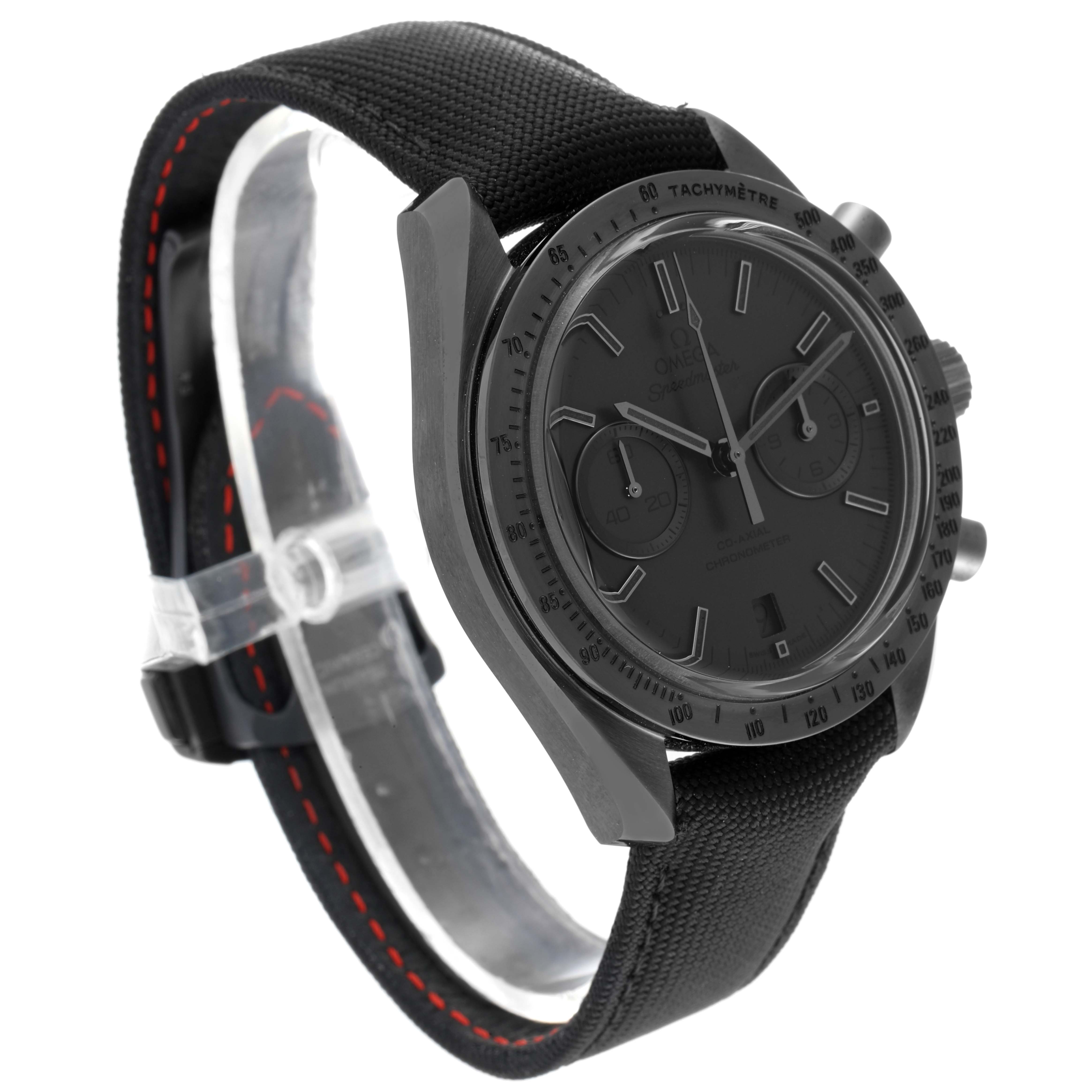 The Omega Speedmaster 311.92.44.51.01.005 Men's Ceramic Black Dial 311.92.44.51.01.005 Men's Ceramic Black Dial watch is shown at an oblique angle, highlighting its face, bezel, chronograph dials, and strap.