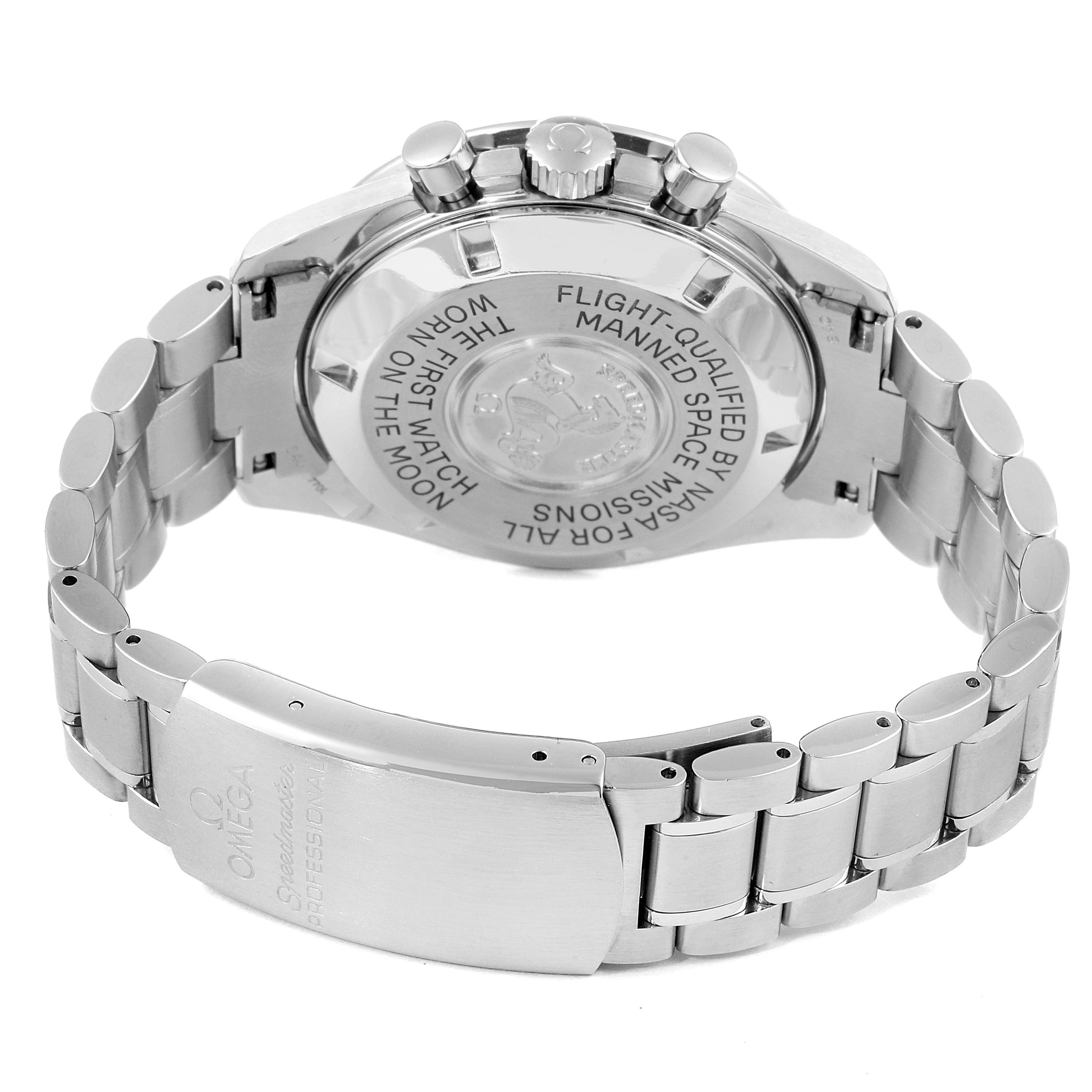 The image shows the back casing and bracelet of the Omega Speedmaster 3570.50.00 Men
s Stainless Steel Black Dial 3570.50.00 Men
s Stainless Steel Black Dial watch from a rear angle.