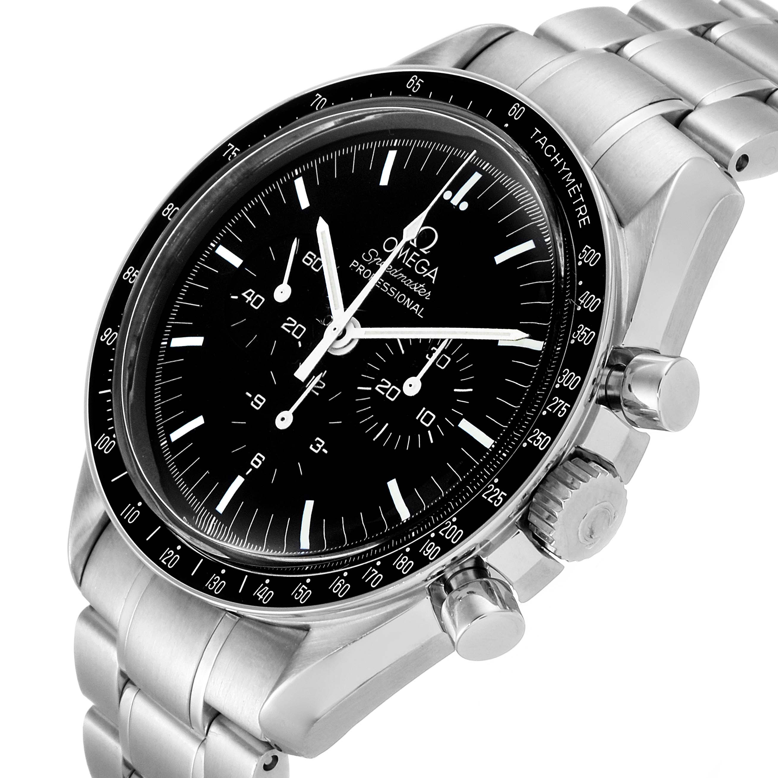 The image shows a close-up angled view of the Omega Speedmaster 3570.50.00 Men
s Stainless Steel Black Dial 3570.50.00 Men
s Stainless Steel Black Dial watch, highlighting the dial, tachymeter bezel, bracelet, and pushers.