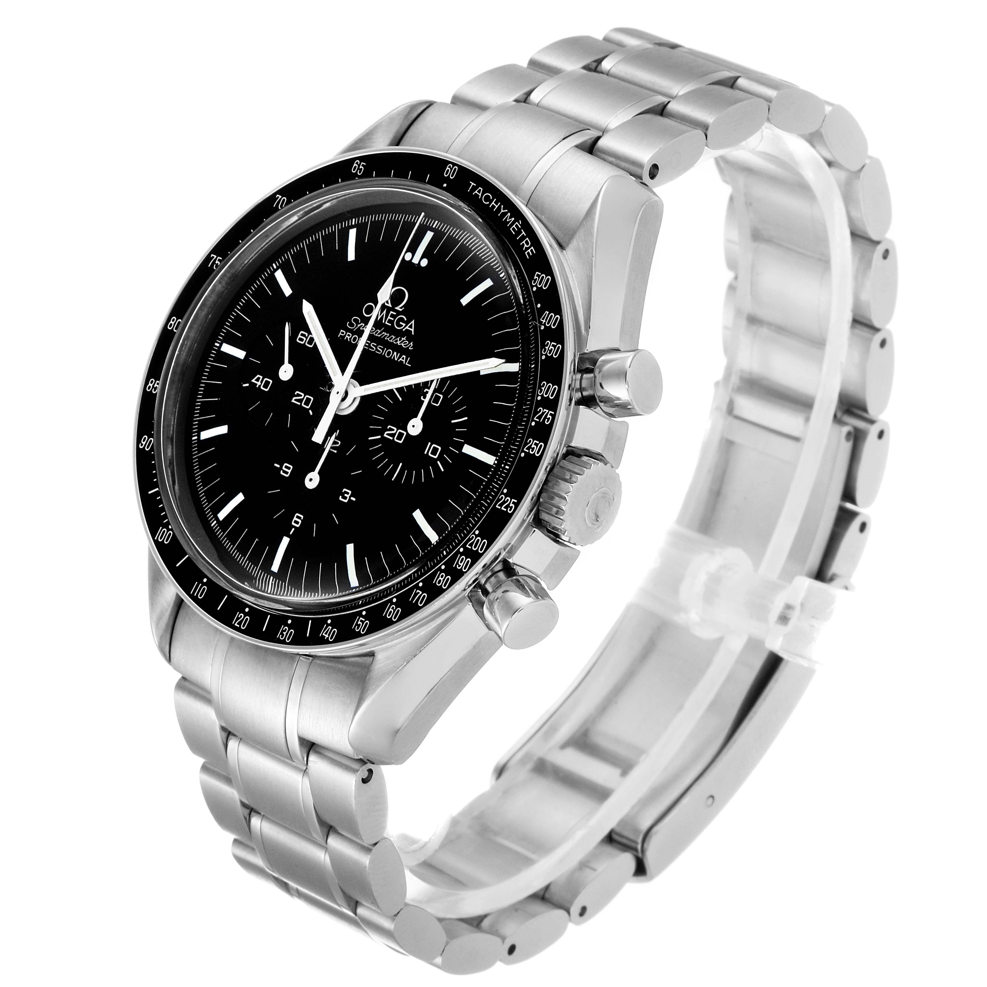 The Omega Speedmaster 3570.50.00 Men
s Stainless Steel Black Dial 3570.50.00 Men
s Stainless Steel Black Dial watch is shown from a three-quarter angle, displaying the face, bezel, case, and bracelet.