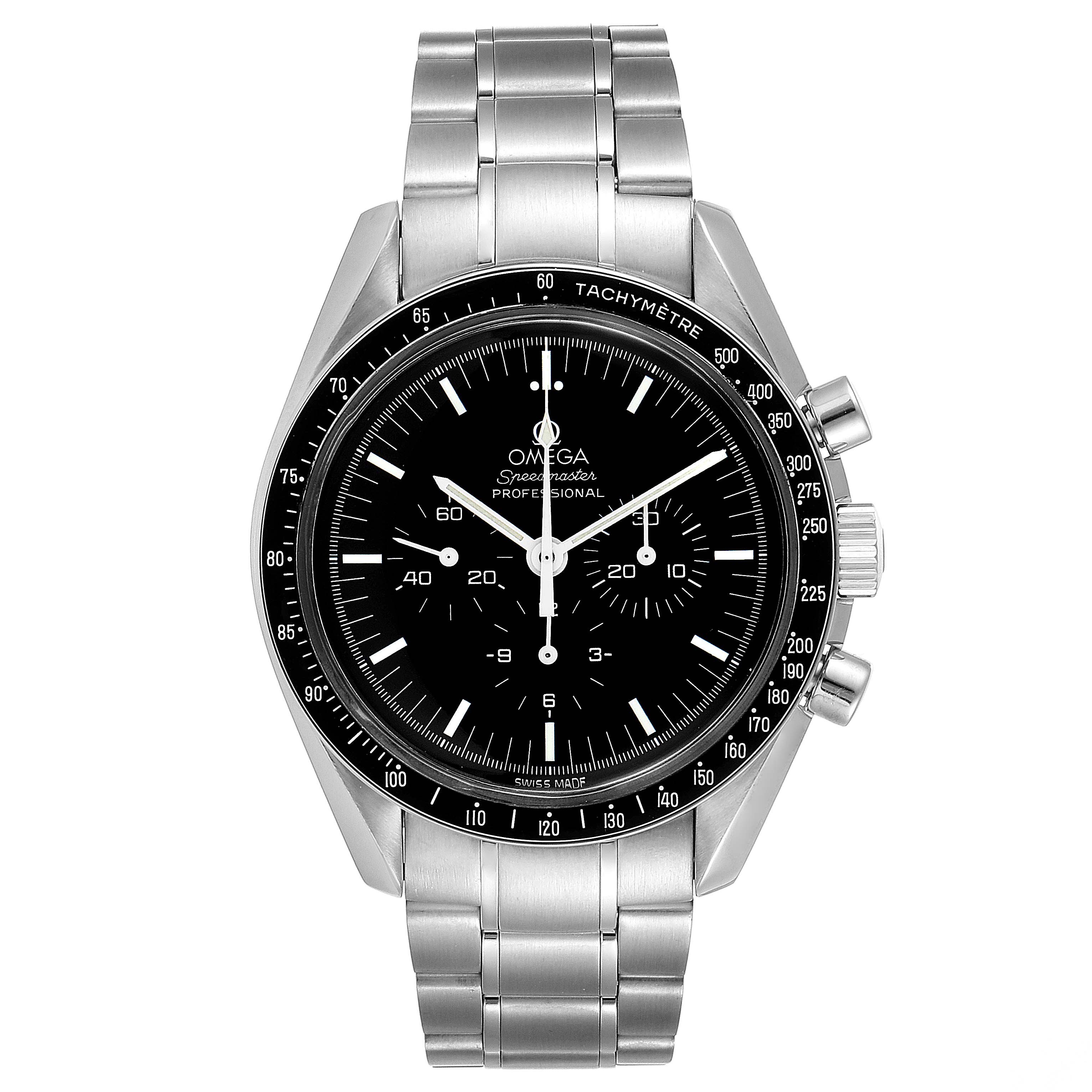 This image shows a frontal view of an Omega Speedmaster 3570.50.00 Men
s Stainless Steel Black Dial 3570.50.00 Men
s Stainless Steel Black Dial watch with a stainless steel bracelet and black dial.