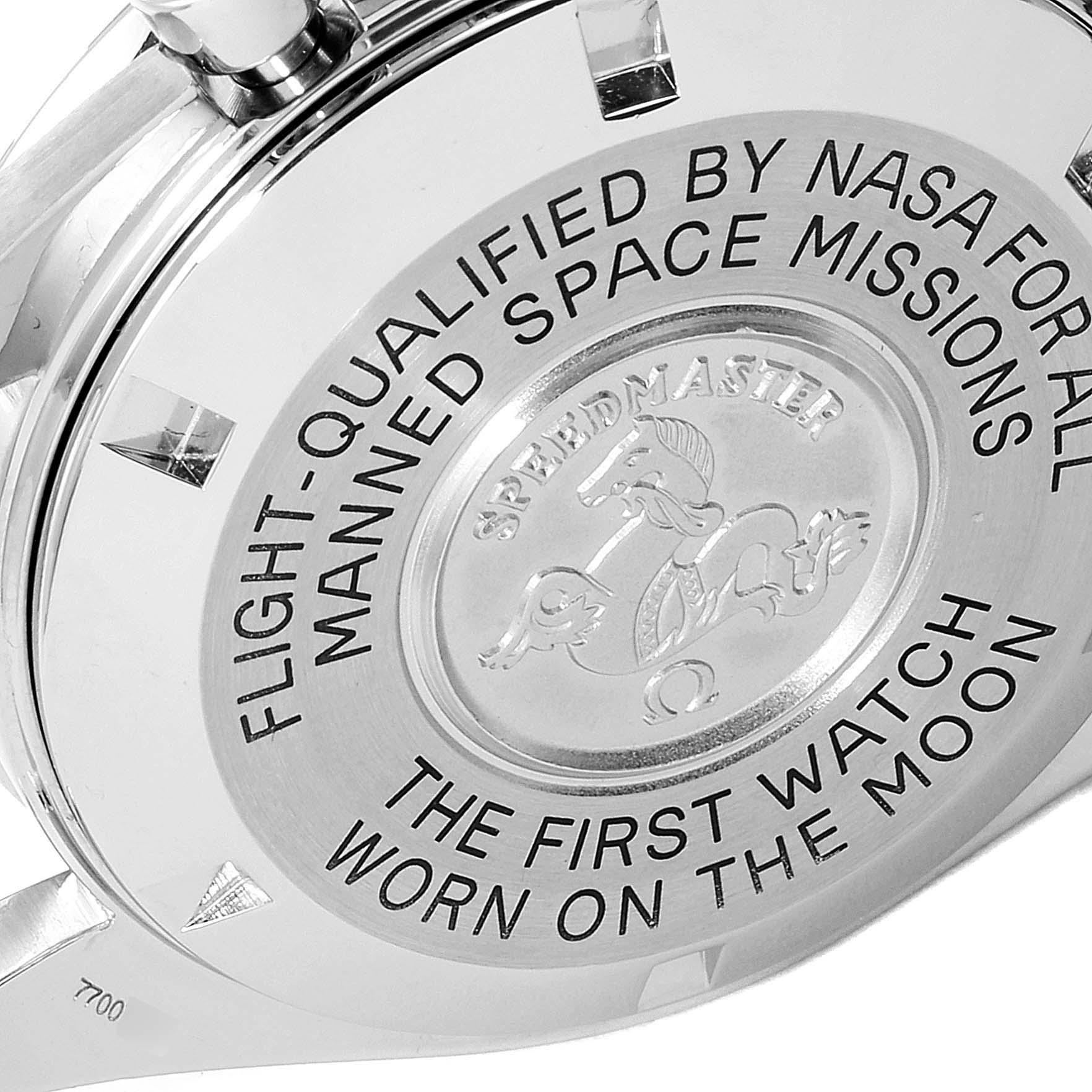 The image shows the case back of an Omega Speedmaster 3570.50.00 Men
s Stainless Steel Black Dial 3570.50.00 Men
s Stainless Steel Black Dial watch, highlighting its NASA qualification and moon landing inscription.