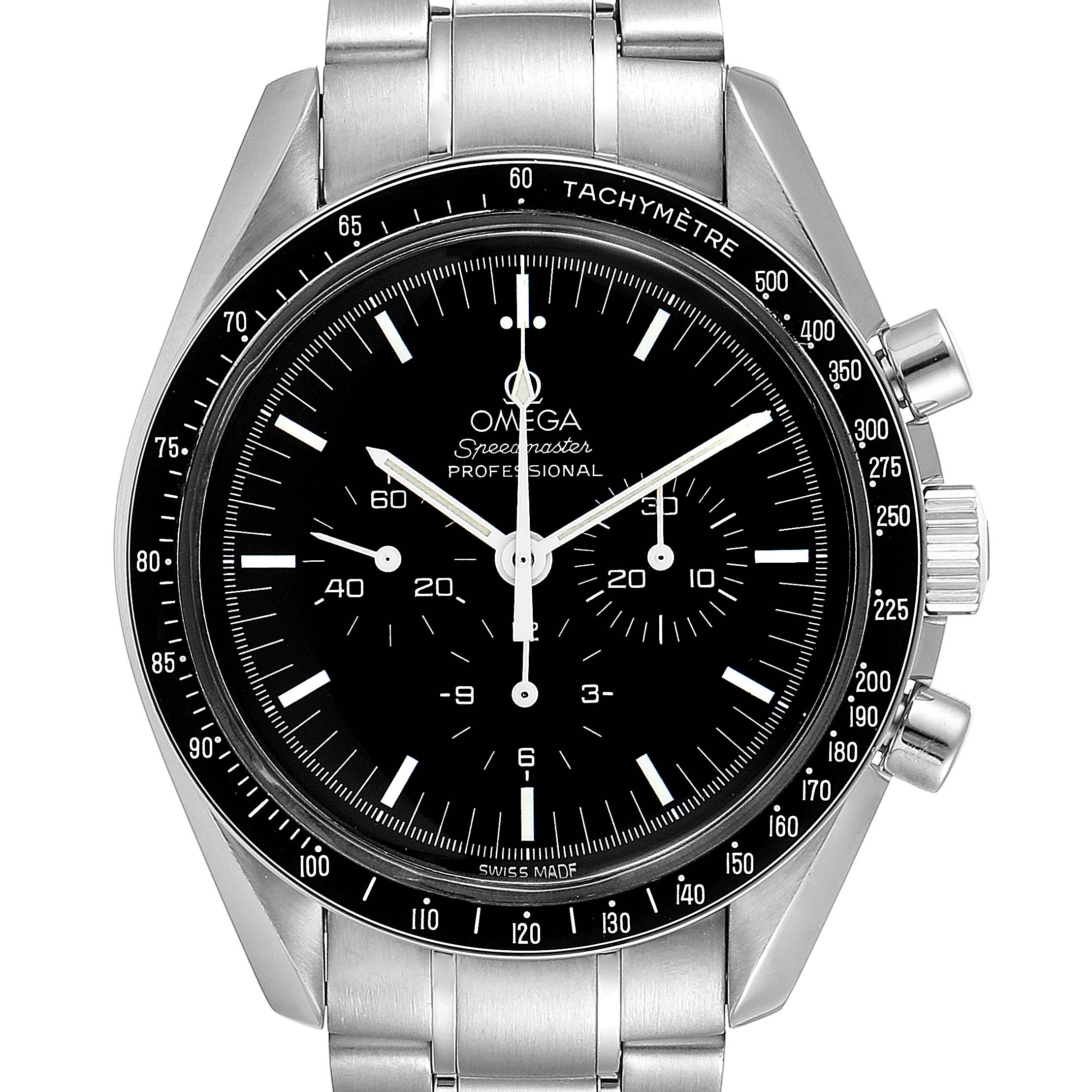 The image shows a front view of an Omega Speedmaster 3570.50.00 Men
s Stainless Steel Black Dial 3570.50.00 Men
s Stainless Steel Black Dial watch, highlighting its dial, tachymeter bezel, and stainless steel bracelet.