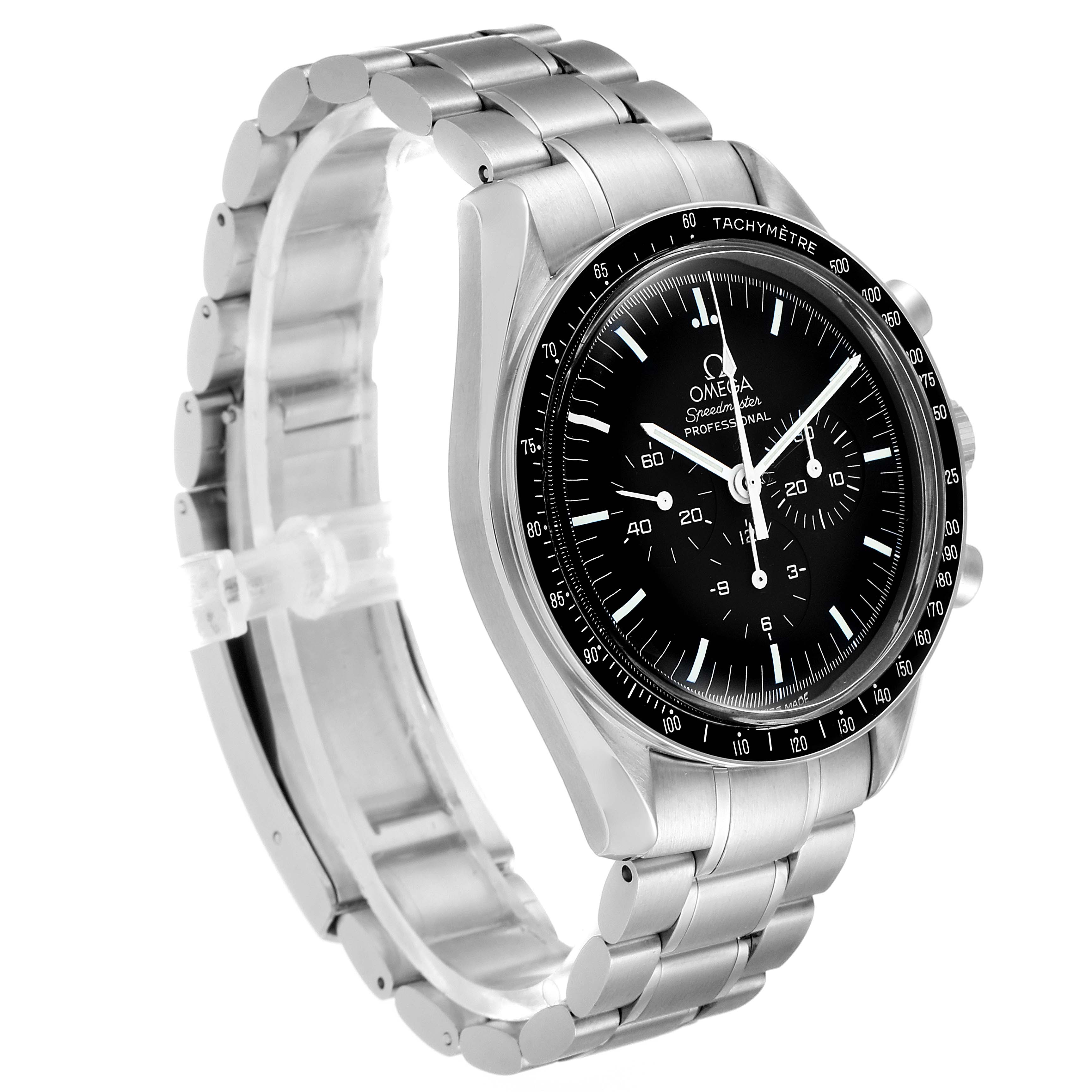 The image shows an angled view of an Omega Speedmaster 3570.50.00 Men
s Stainless Steel Black Dial 3570.50.00 Men
s Stainless Steel Black Dial watch, highlighting its stainless steel bracelet and black tachymeter bezel.