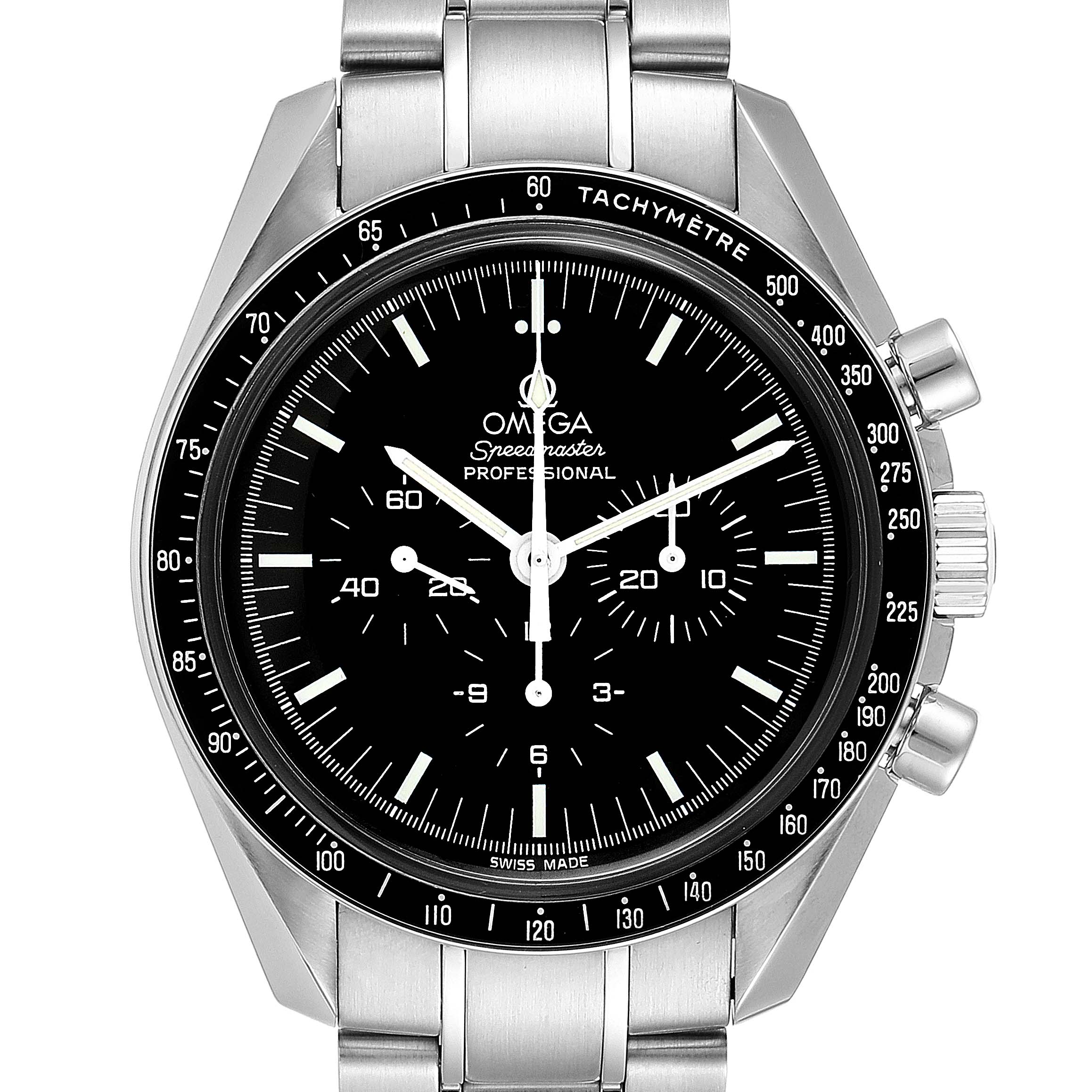 The image shows a front view of an Omega Speedmaster 3570.50.00 Men
s Stainless Steel Black Dial 3570.50.00 Men
s Stainless Steel Black Dial watch, highlighting its dial, tachymeter bezel, and stainless steel bracelet.