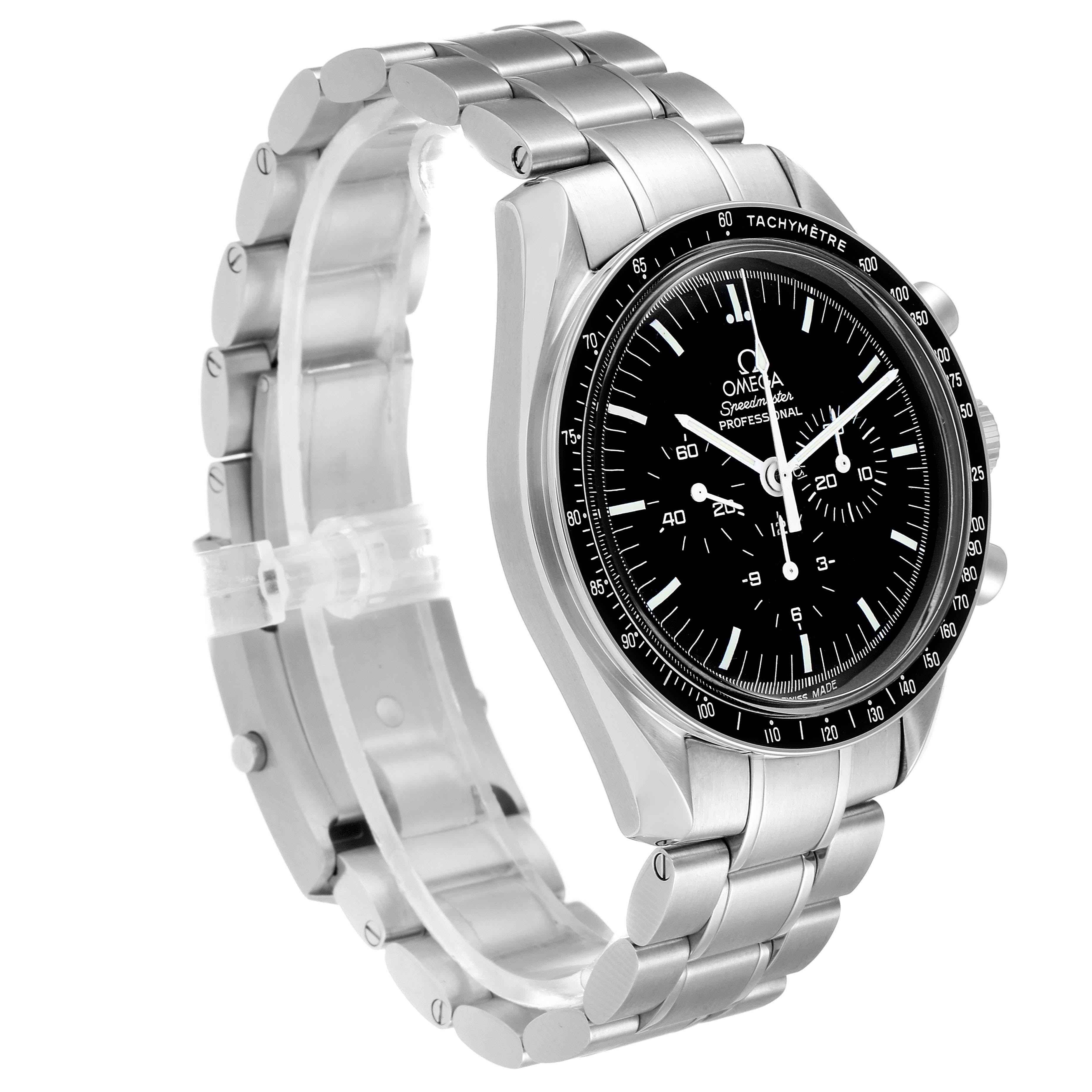 The Omega Speedmaster 3570.50.00 Men
s Stainless Steel Black Dial 3570.50.00 Men
s Stainless Steel Black Dial watch is shown from an angled side view, highlighting its metal bracelet and black dial.