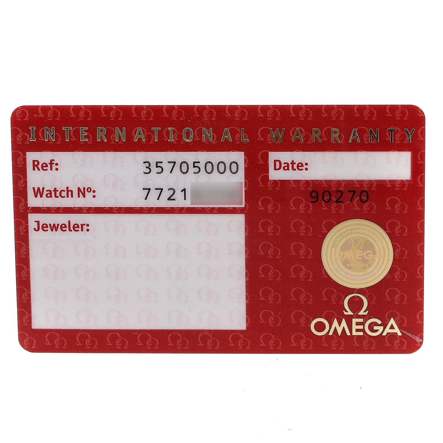 This image shows an Omega Speedmaster 3570.50.00 Men
s Stainless Steel Black Dial 3570.50.00 Men
s Stainless Steel Black Dial International Warranty card with reference, watch number, and other details.