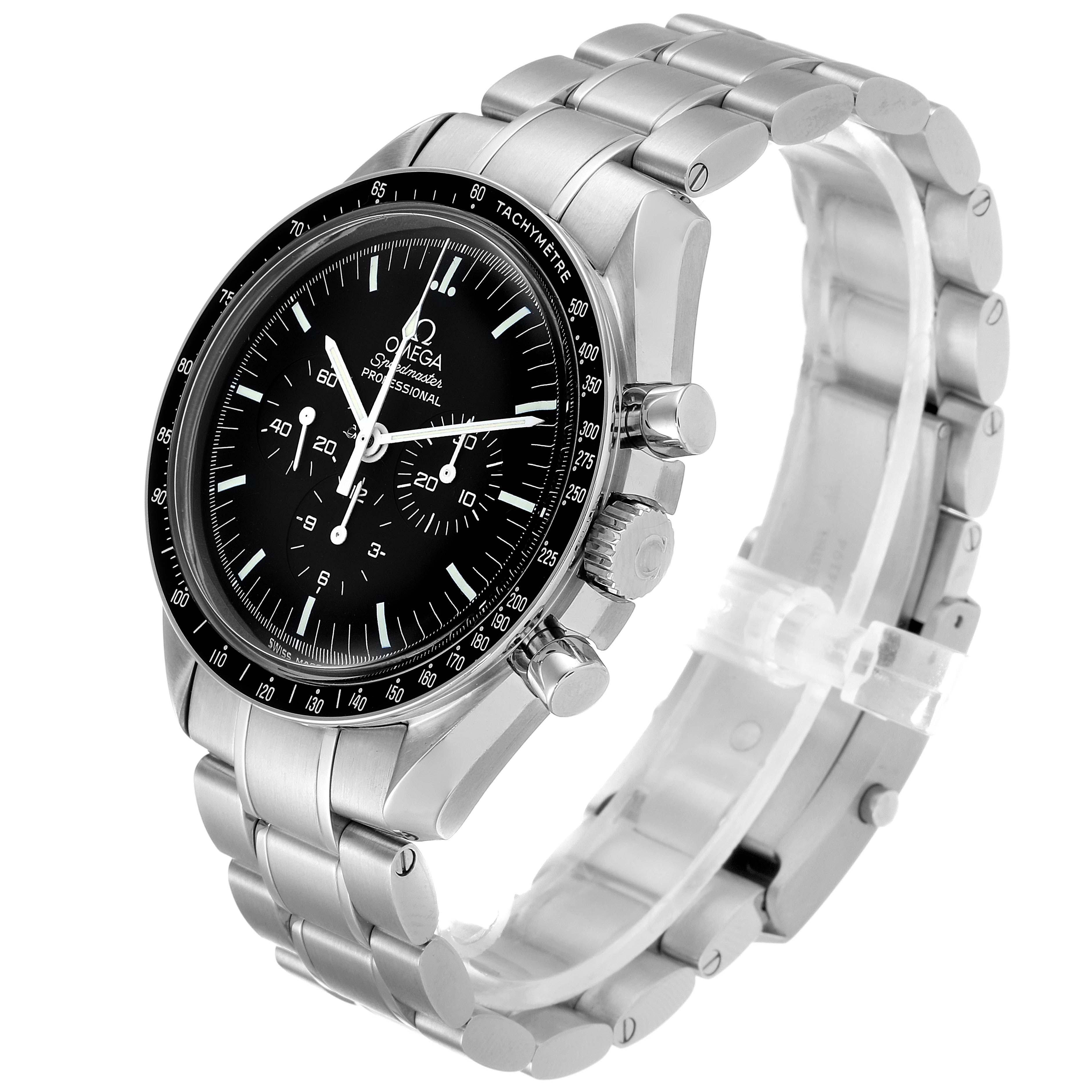 This image shows an Omega Speedmaster 3570.50.00 Men
s Stainless Steel Black Dial 3570.50.00 Men
s Stainless Steel Black Dial watch at a three-quarter angle, highlighting the dial, bracelet, crown, and chronograph pushers.