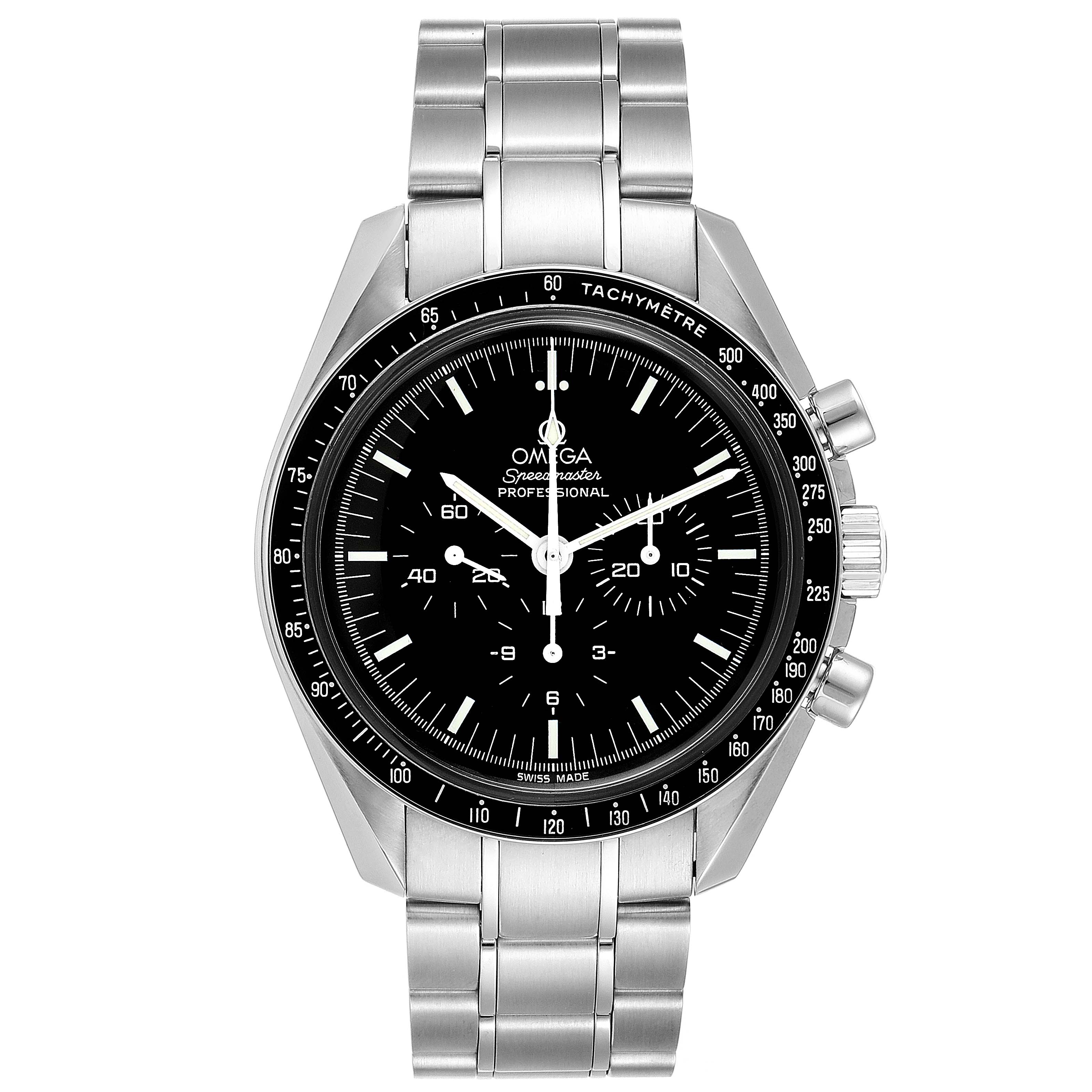 The image shows a front view of the Omega Speedmaster 3570.50.00 Men
s Stainless Steel Black Dial 3570.50.00 Men
s Stainless Steel Black Dial watch, highlighting its dial, bezel, and stainless steel bracelet.