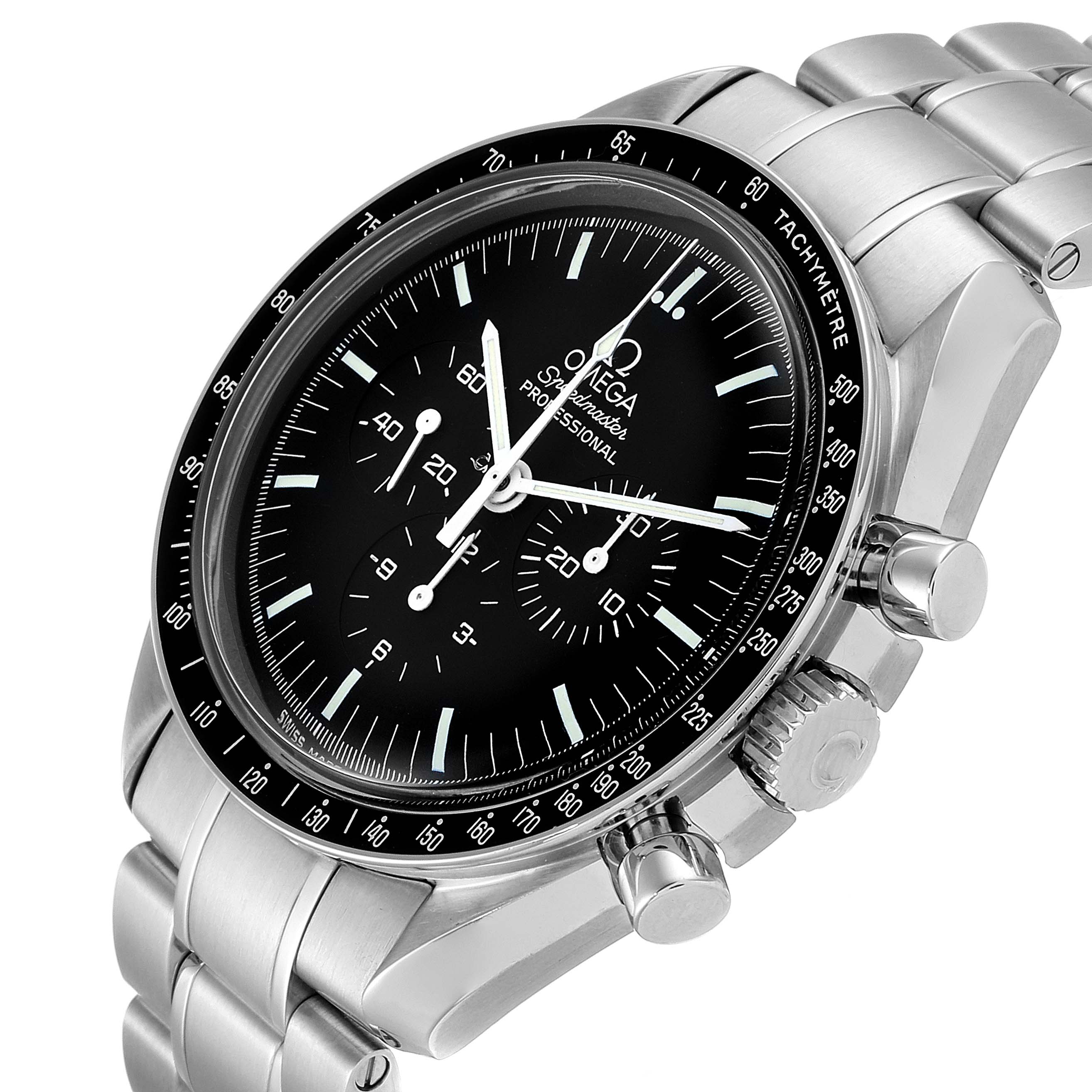 The Omega Speedmaster 3570.50.00 Men
s Stainless Steel Black Dial 3570.50.00 Men
s Stainless Steel Black Dial watch is shown from a three-quarter top-down view, highlighting the face, bezel, and bracelet.