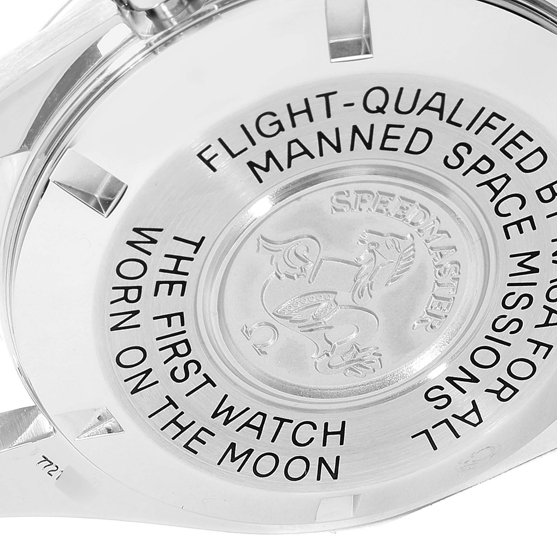 This image shows the engraved case back of the Omega Speedmaster 3570.50.00 Men
s Stainless Steel Black Dial 3570.50.00 Men
s Stainless Steel Black Dial watch, highlighting its NASA qualification and moon mission history.