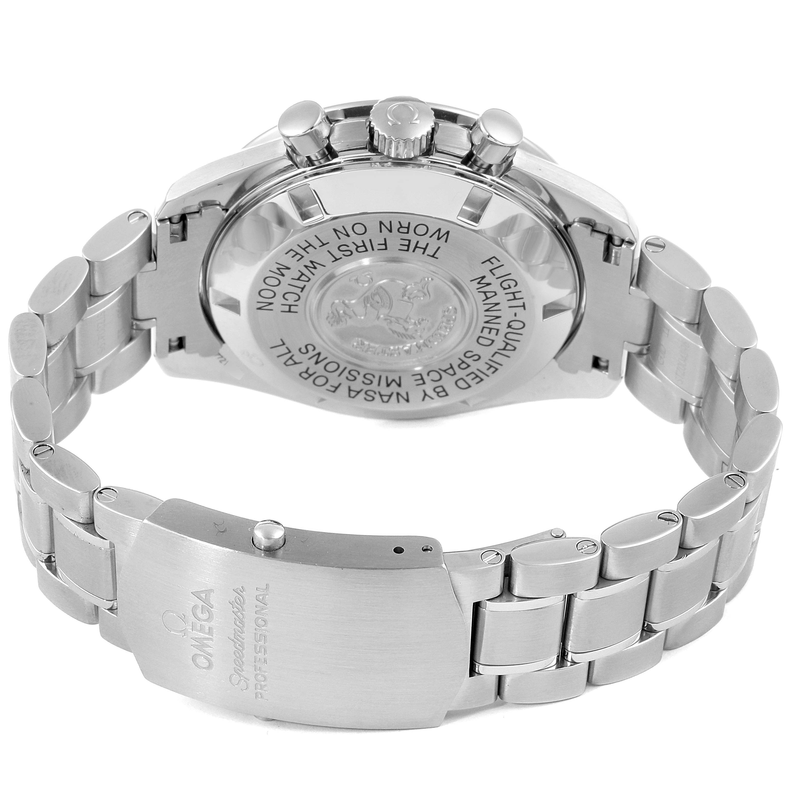 The image shows the back, clasp, and part of the bracelet of an Omega Speedmaster 3570.50.00 Men
s Stainless Steel Black Dial 3570.50.00 Men
s Stainless Steel Black Dial watch.