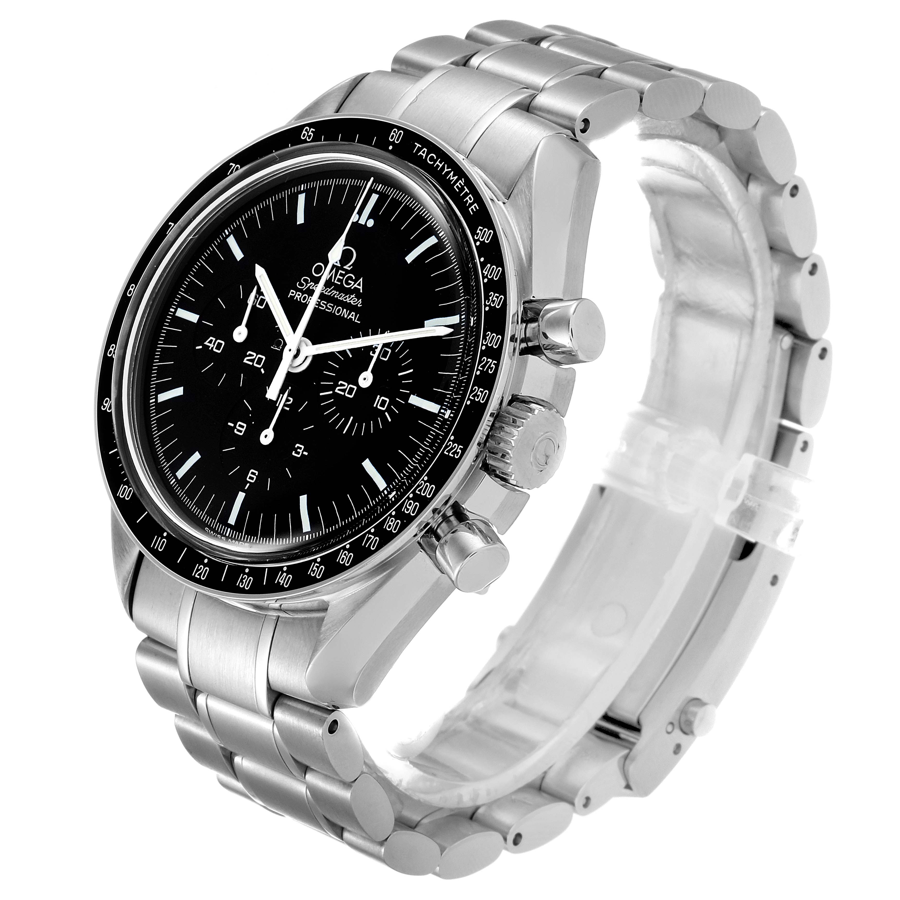 The image shows an Omega Speedmaster 3570.50.00 Men
s Stainless Steel Black Dial 3570.50.00 Men
s Stainless Steel Black Dial watch from an oblique angle, highlighting the dial, bezel, crown, and metal bracelet.