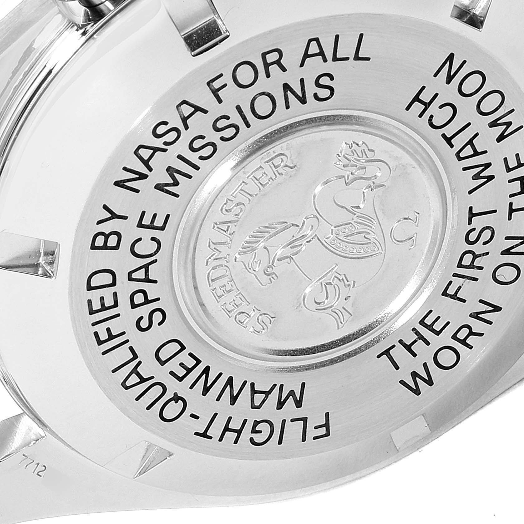 The image shows the engraved back casing of an Omega Speedmaster 3570.50.00 Men
s Stainless Steel Black Dial 3570.50.00 Men
s Stainless Steel Black Dial watch, highlighting the model
s space mission qualifications.