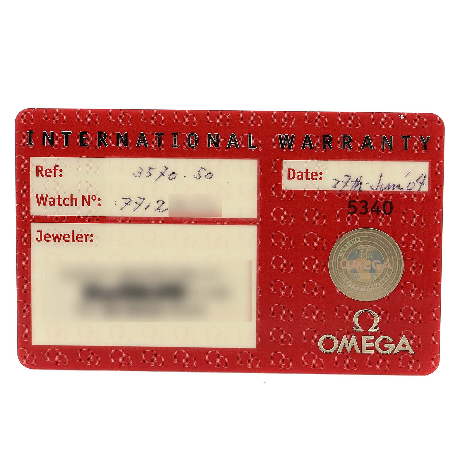 This image shows an international warranty card for the Omega Speedmaster 3570.50.00 Men
s Stainless Steel Black Dial 3570.50.00 Men
s Stainless Steel Black Dial model, displaying the reference number, watch number, and date.