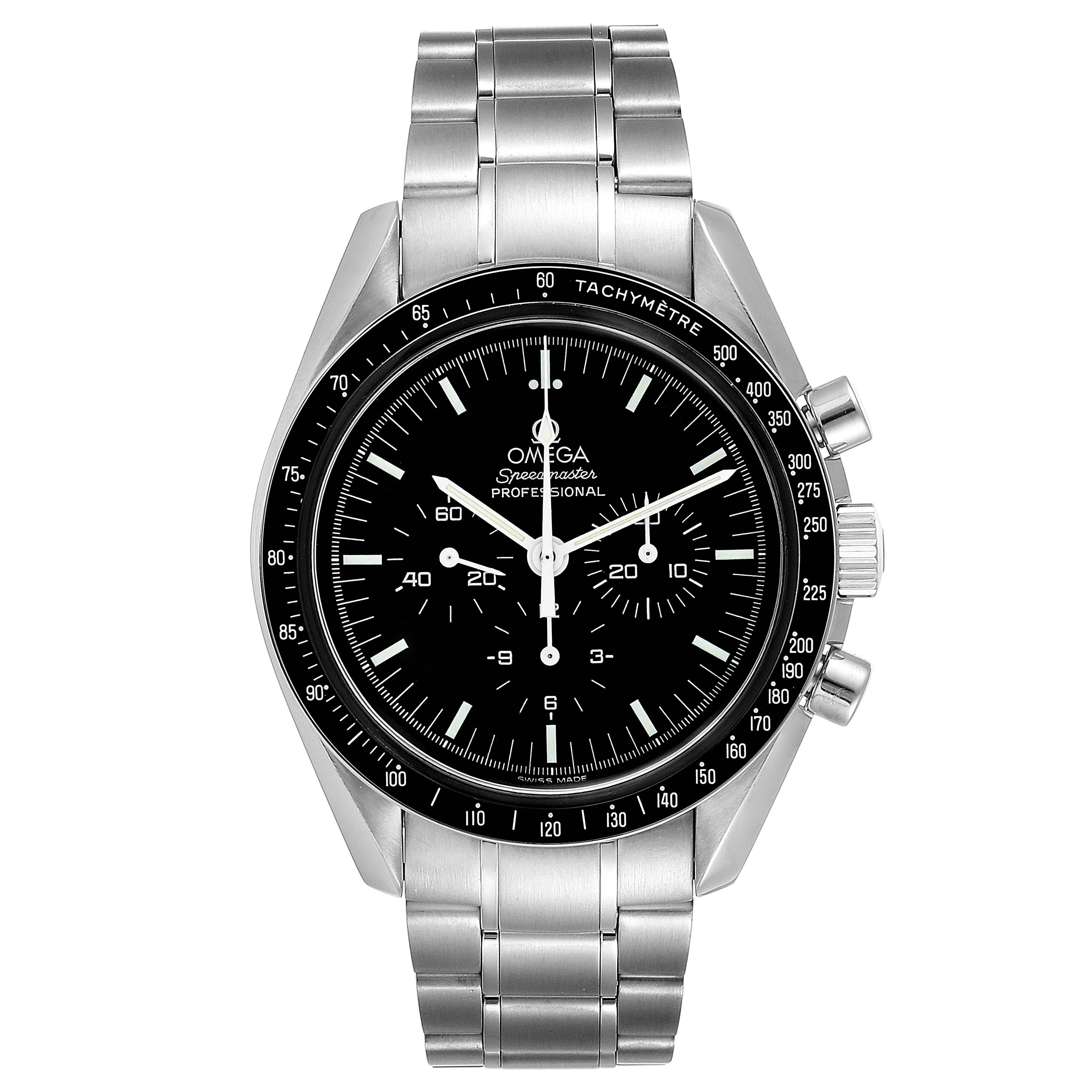 This image shows a front view of the Omega Speedmaster 3570.50.00 Men
s Stainless Steel Black Dial 3570.50.00 Men
s Stainless Steel Black Dial watch, displaying the dial, bezel, and stainless steel bracelet.