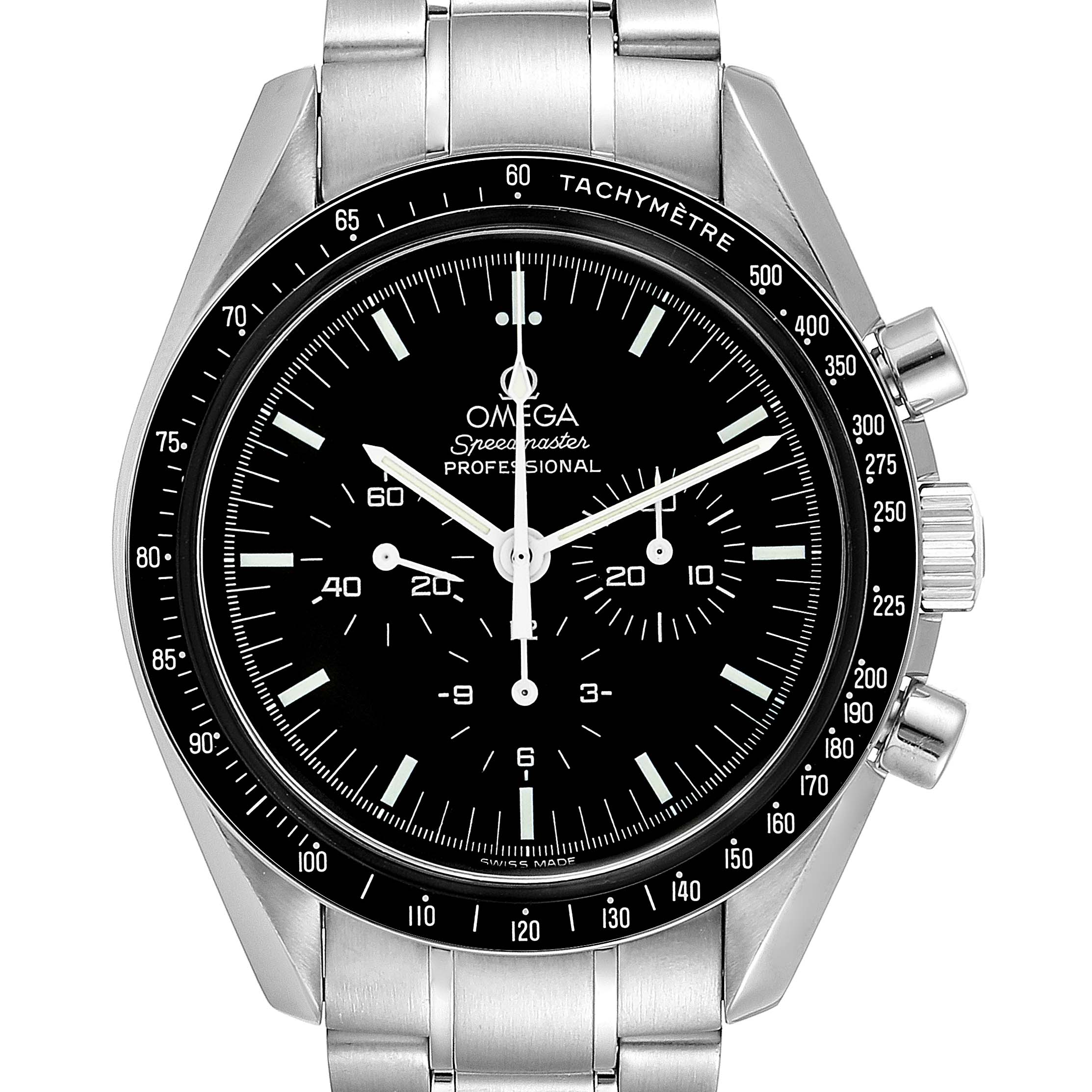 This Omega Speedmaster 3570.50.00 Men
s Stainless Steel Black Dial 3570.50.00 Men
s Stainless Steel Black Dial watch is shown from the front, displaying its black dial, tachymeter bezel, and silver stainless steel bracelet.