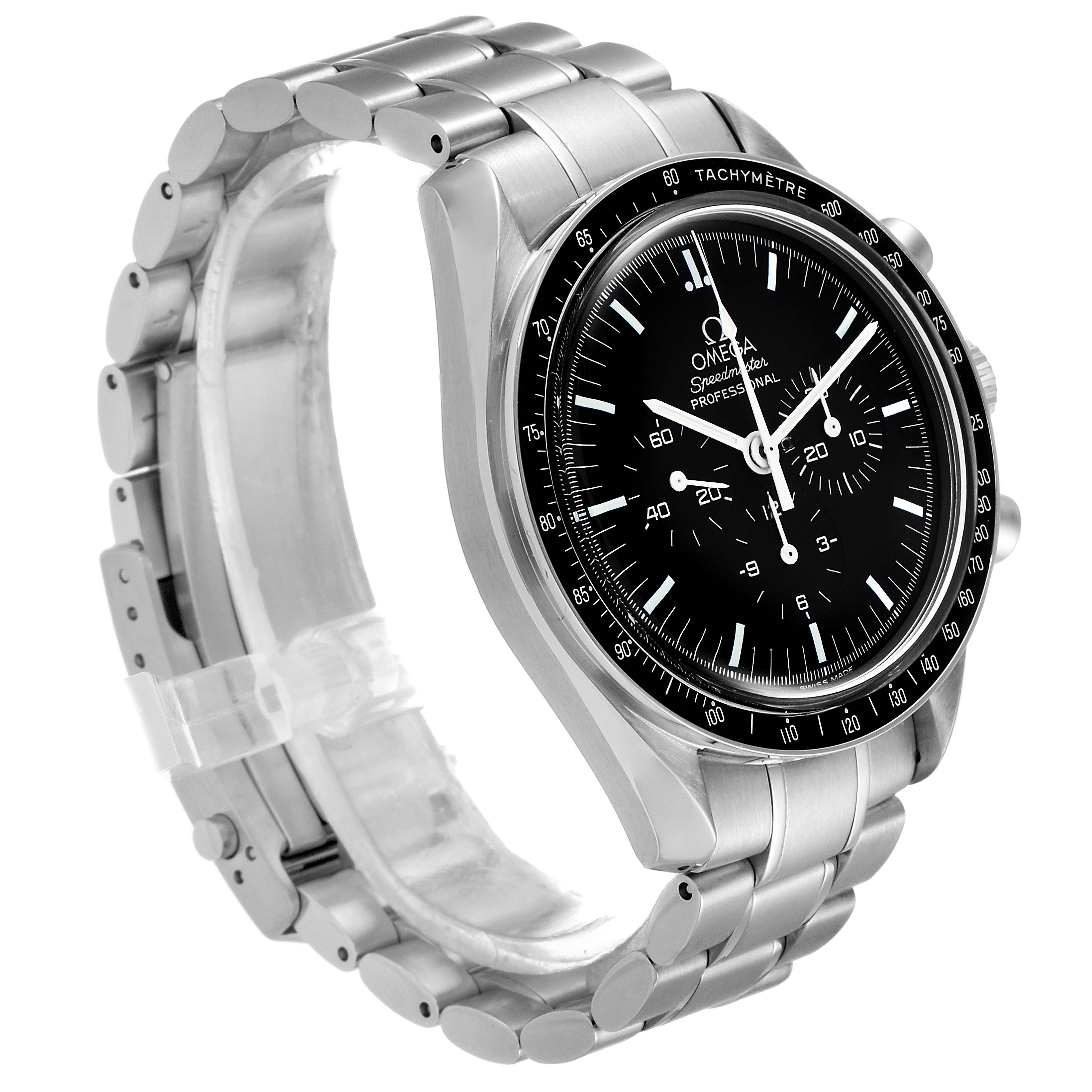 The image shows an Omega Speedmaster 3570.50.00 Men
s Stainless Steel Black Dial 3570.50.00 Men
s Stainless Steel Black Dial watch from a slight side angle, highlighting the face, bezel, and metal bracelet.