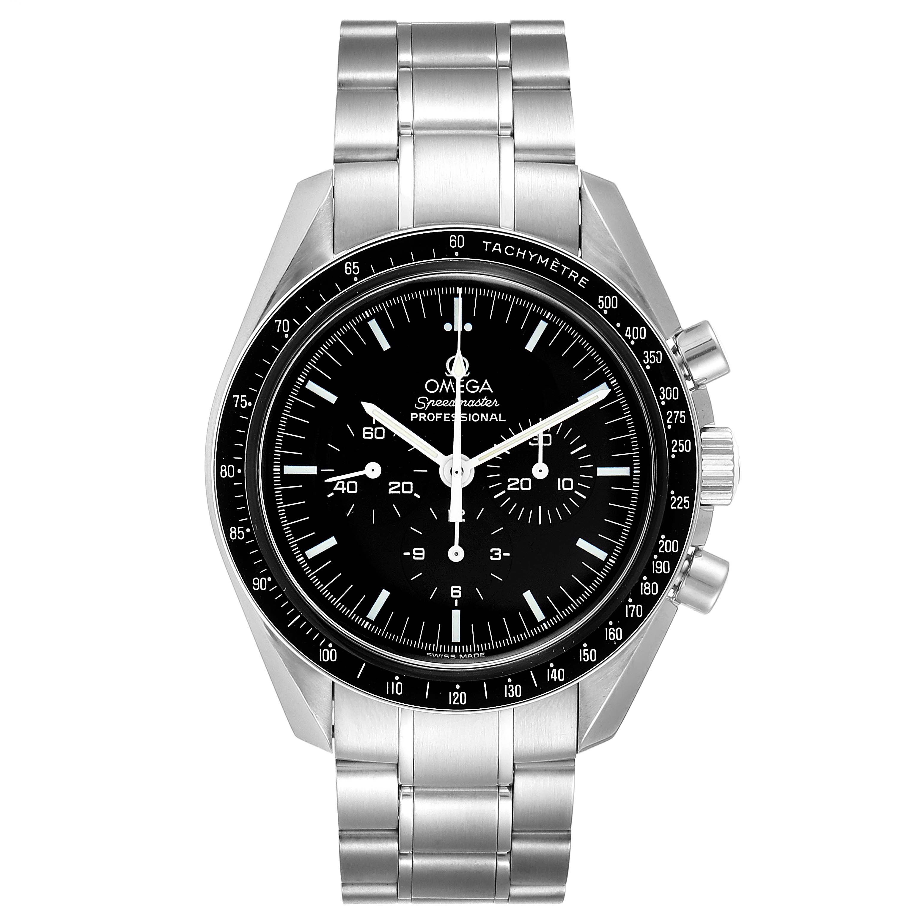 The Omega Speedmaster 3570.50.00 Men
s Stainless Steel Black Dial 3570.50.00 Men
s Stainless Steel Black Dial watch is shown from the front, displaying the dial, bezel, pushers, and stainless steel bracelet.