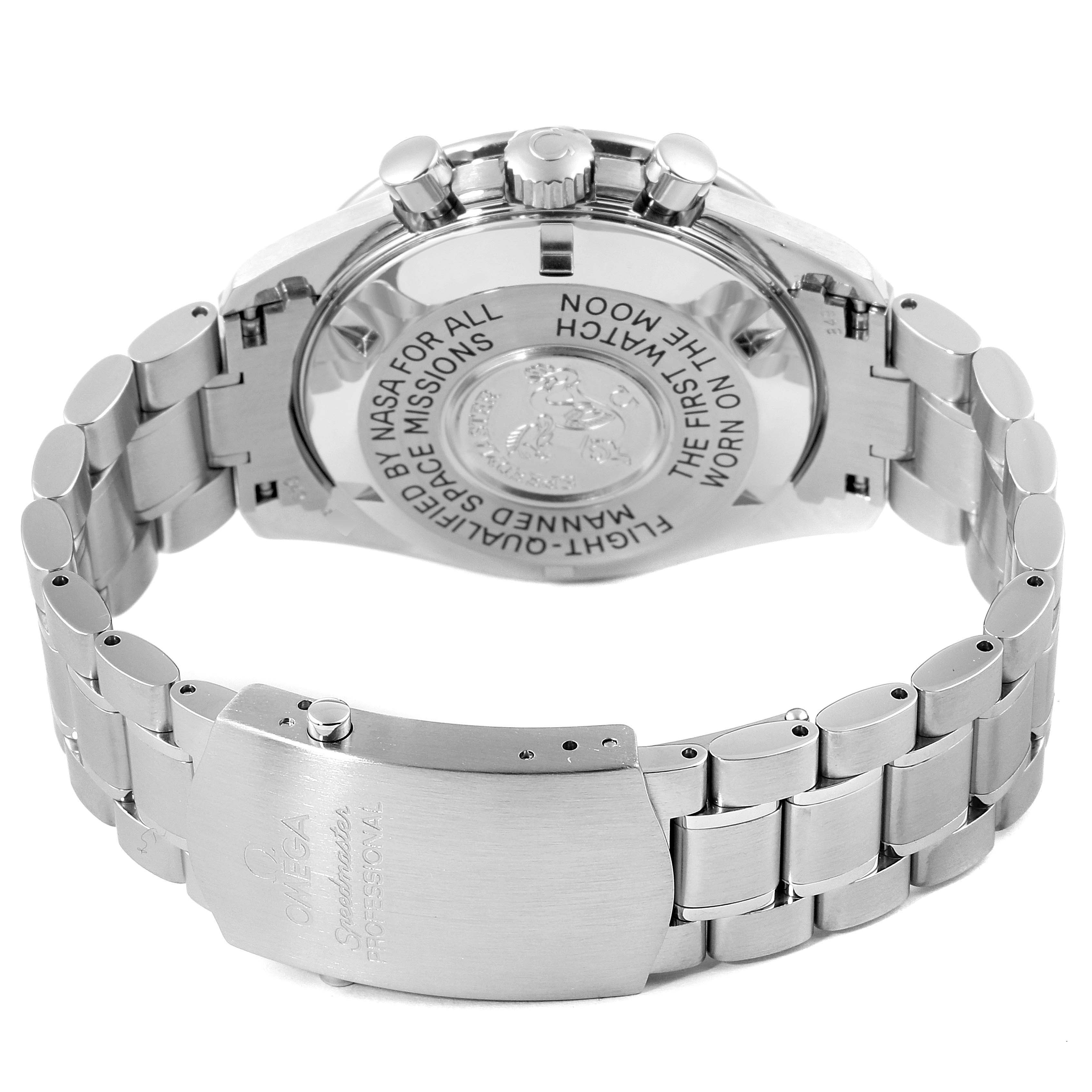 The image shows the back of an Omega Speedmaster 3570.50.00 Men
s Stainless Steel Black Dial 3570.50.00 Men
s Stainless Steel Black Dial watch, highlighting the case back, bracelet, and clasp.