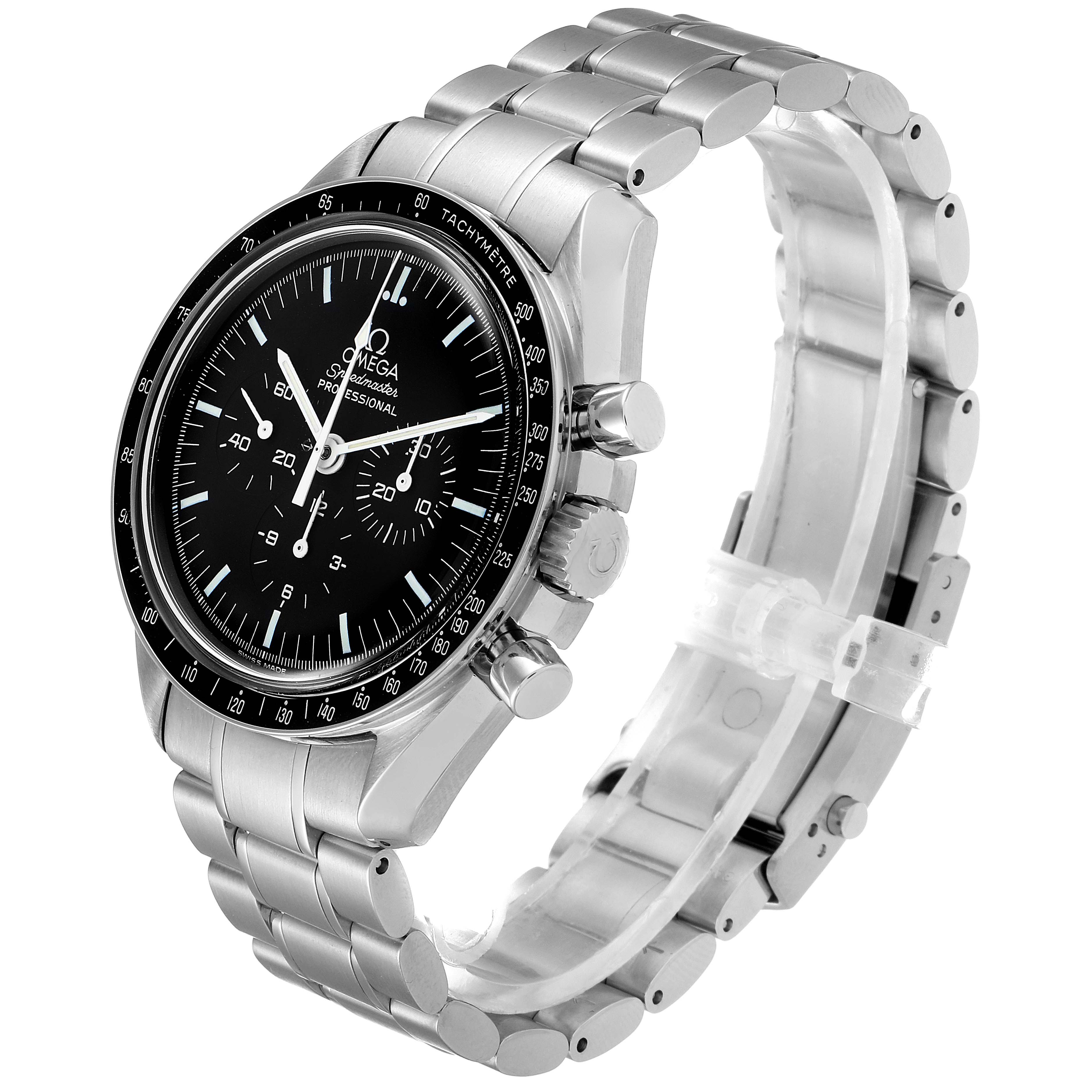 The image shows a side angle view of an Omega Speedmaster 3570.50.00 Men
s Stainless Steel Black Dial 3570.50.00 Men
s Stainless Steel Black Dial watch, highlighting the face, bezel, crown, pushers, and metal bracelet.